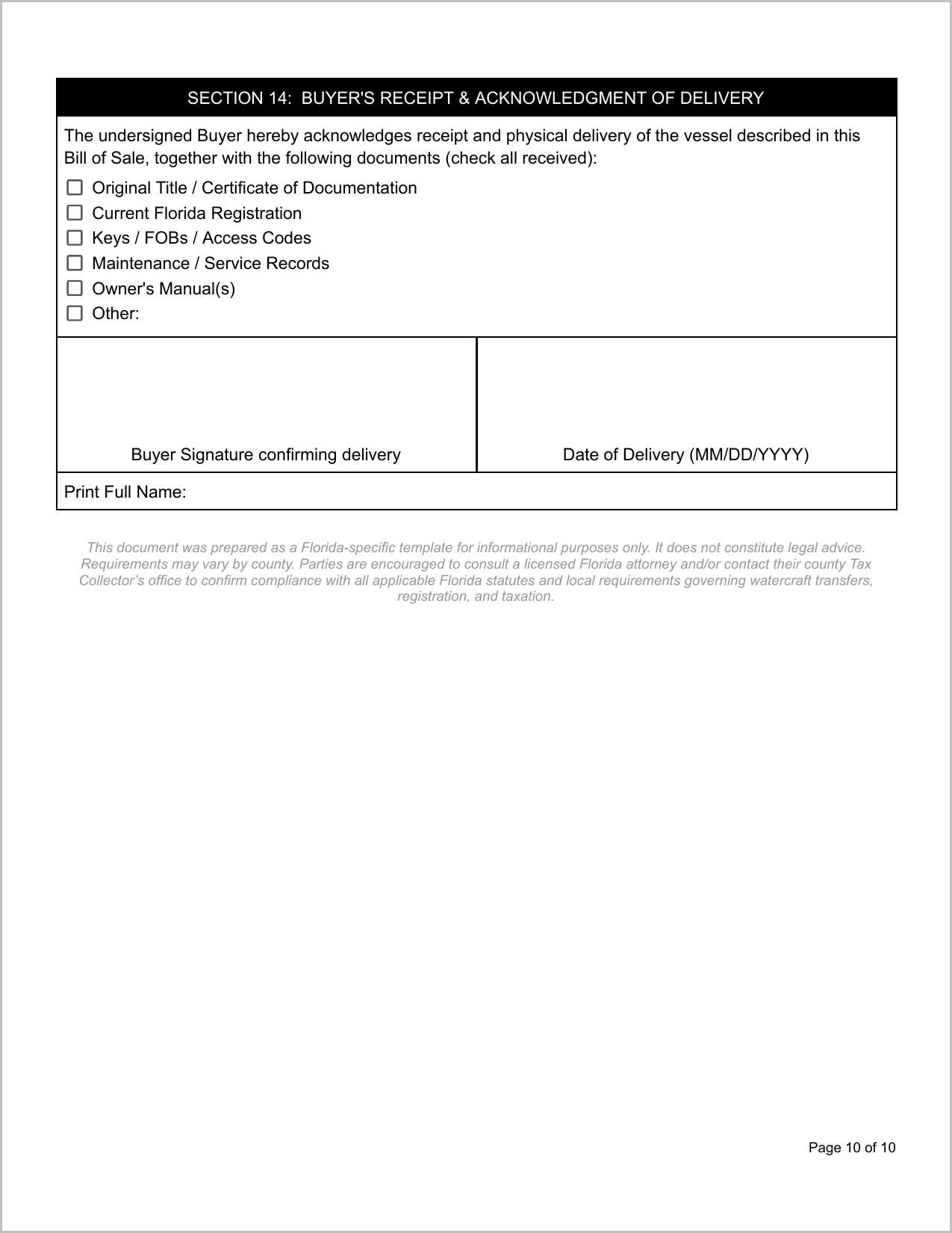 Free Florida Boat Bill of Sale Template