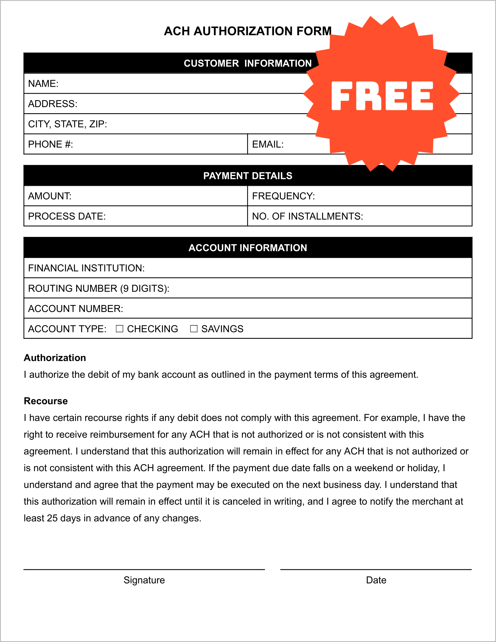 Free ACH Form Template