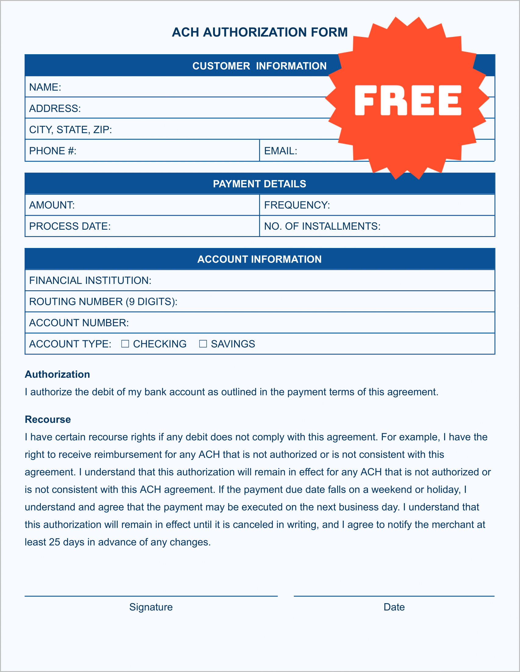 Free ACH Form Template