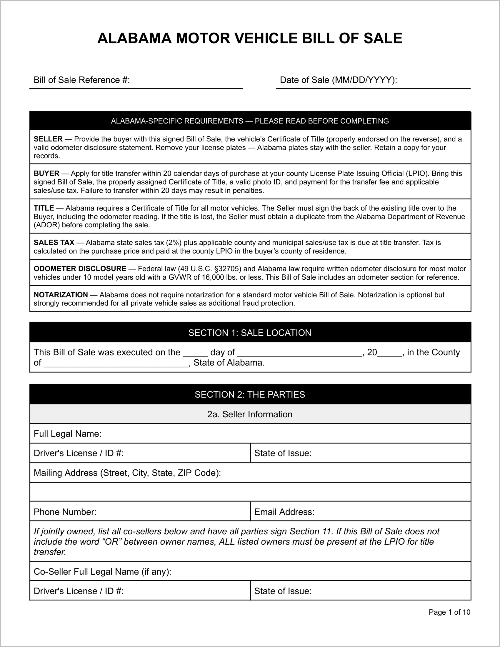 Free Alabama Motor Vehicle Bill of Sale Template
