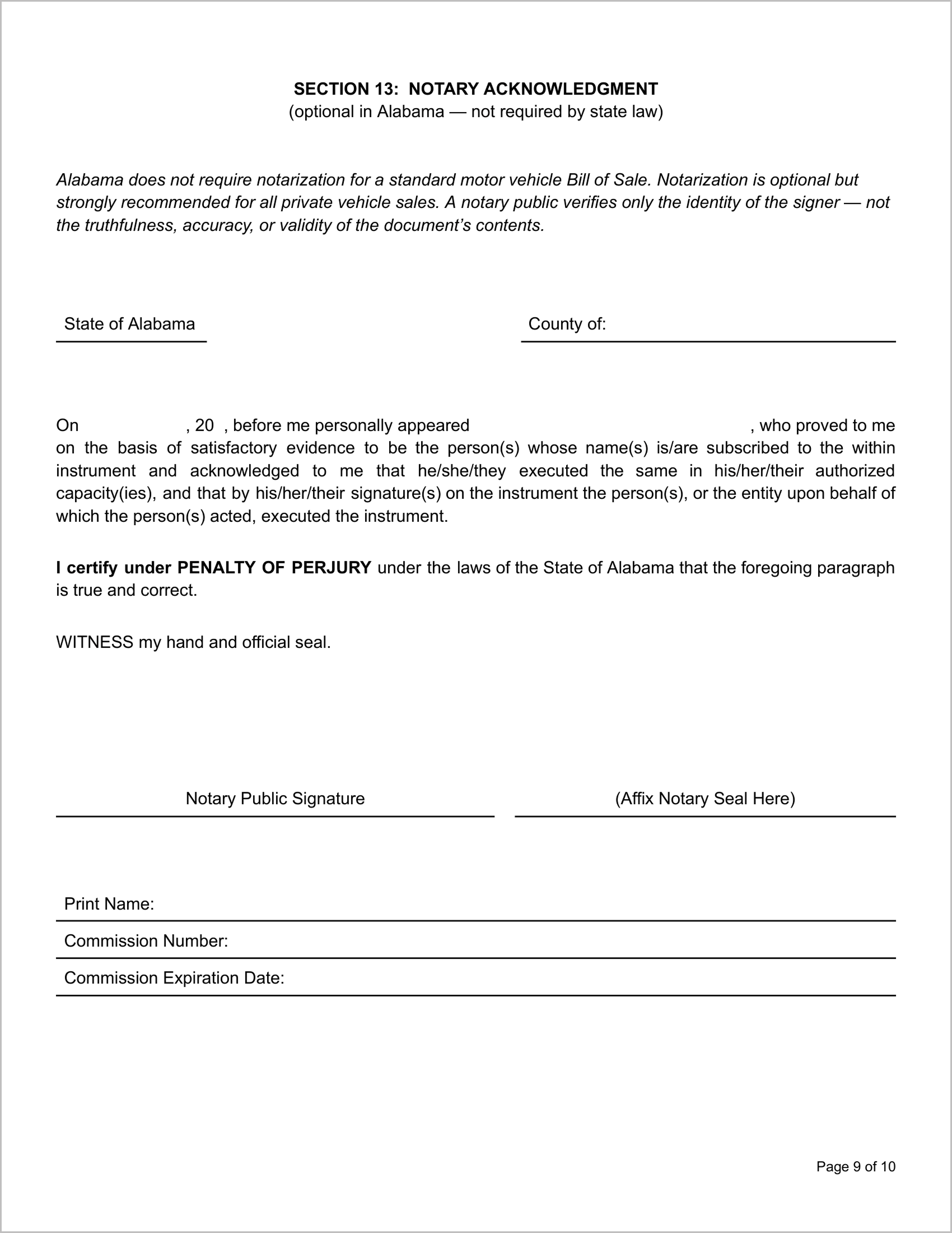 Free Alabama Motor Vehicle Bill of Sale Template