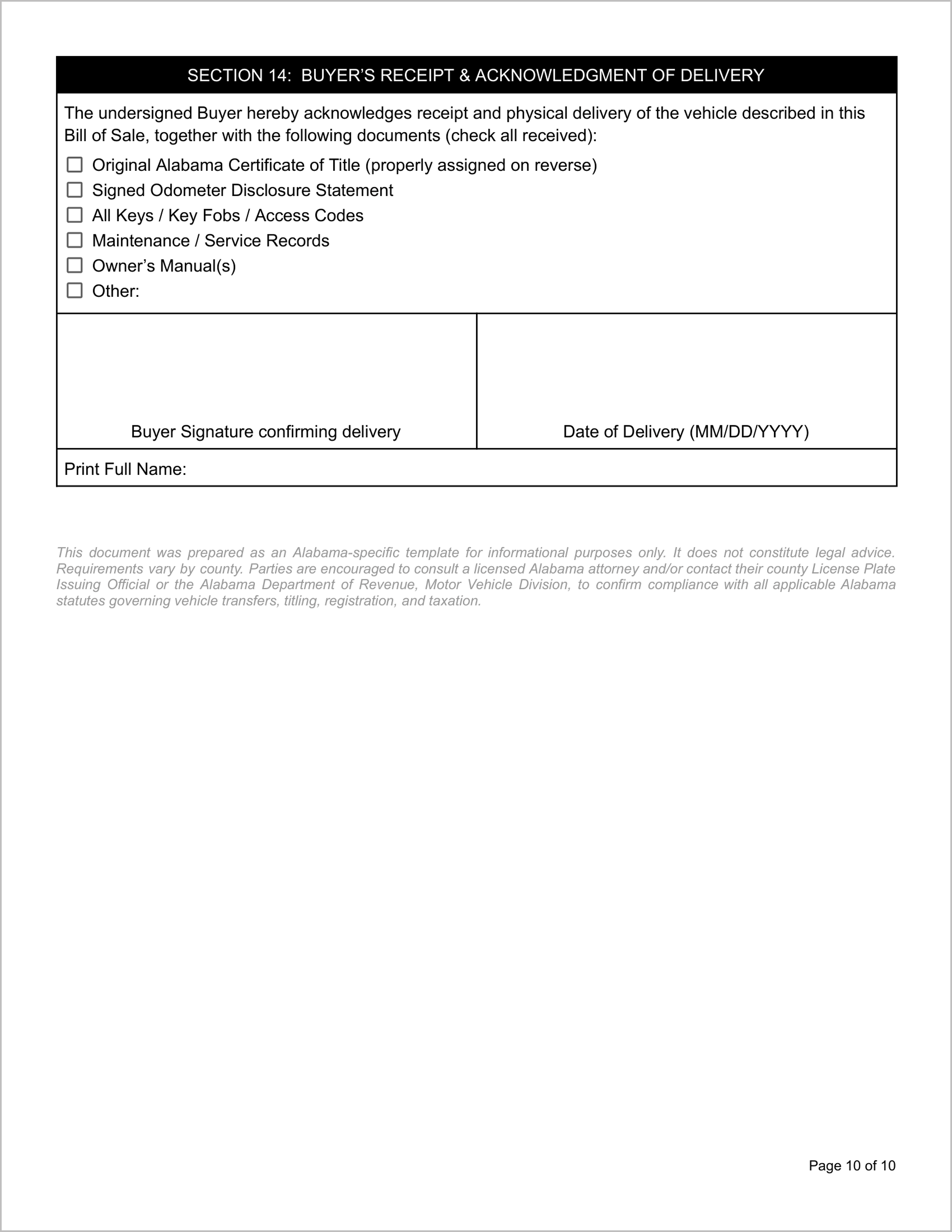 Free Alabama Motor Vehicle Bill of Sale Template