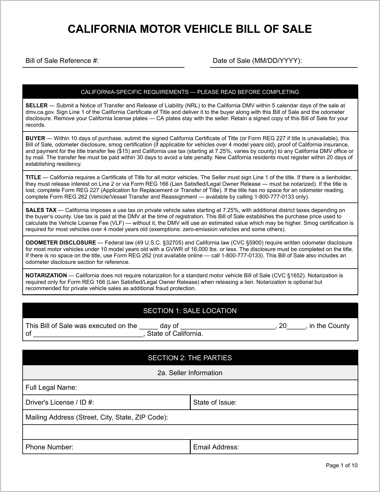 Free California Motor Vehicle Bill of Sale Template Page 1