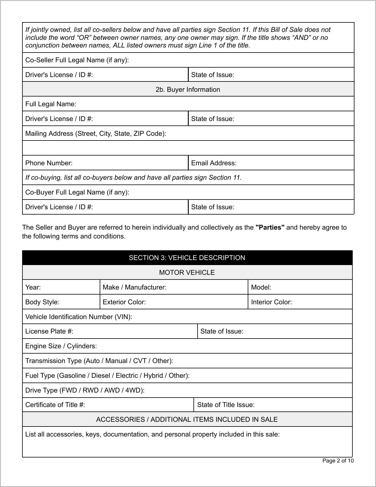 Free California Motor Vehicle Bill of Sale Template Page 2