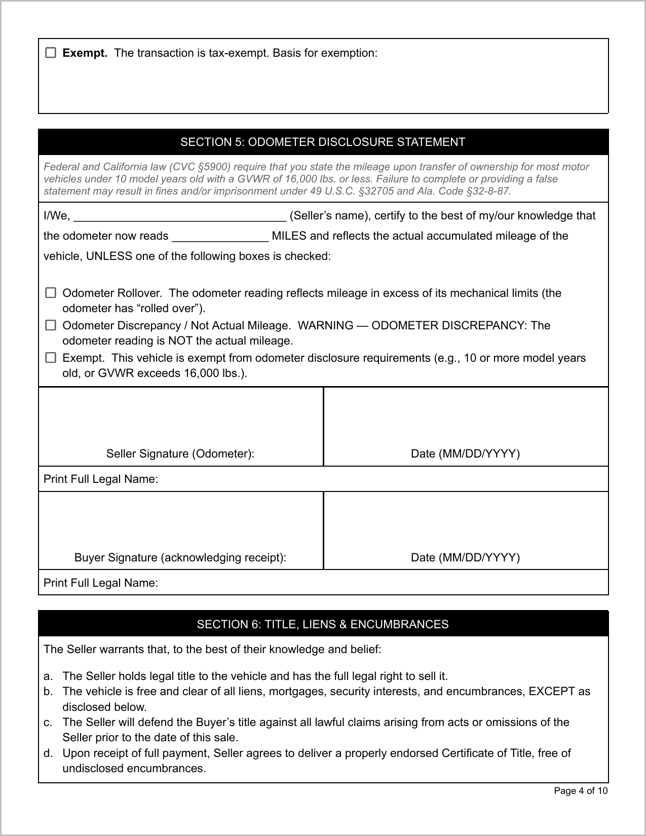 Free Alaska Motor Vehicle Bill of Sale Template Page 1