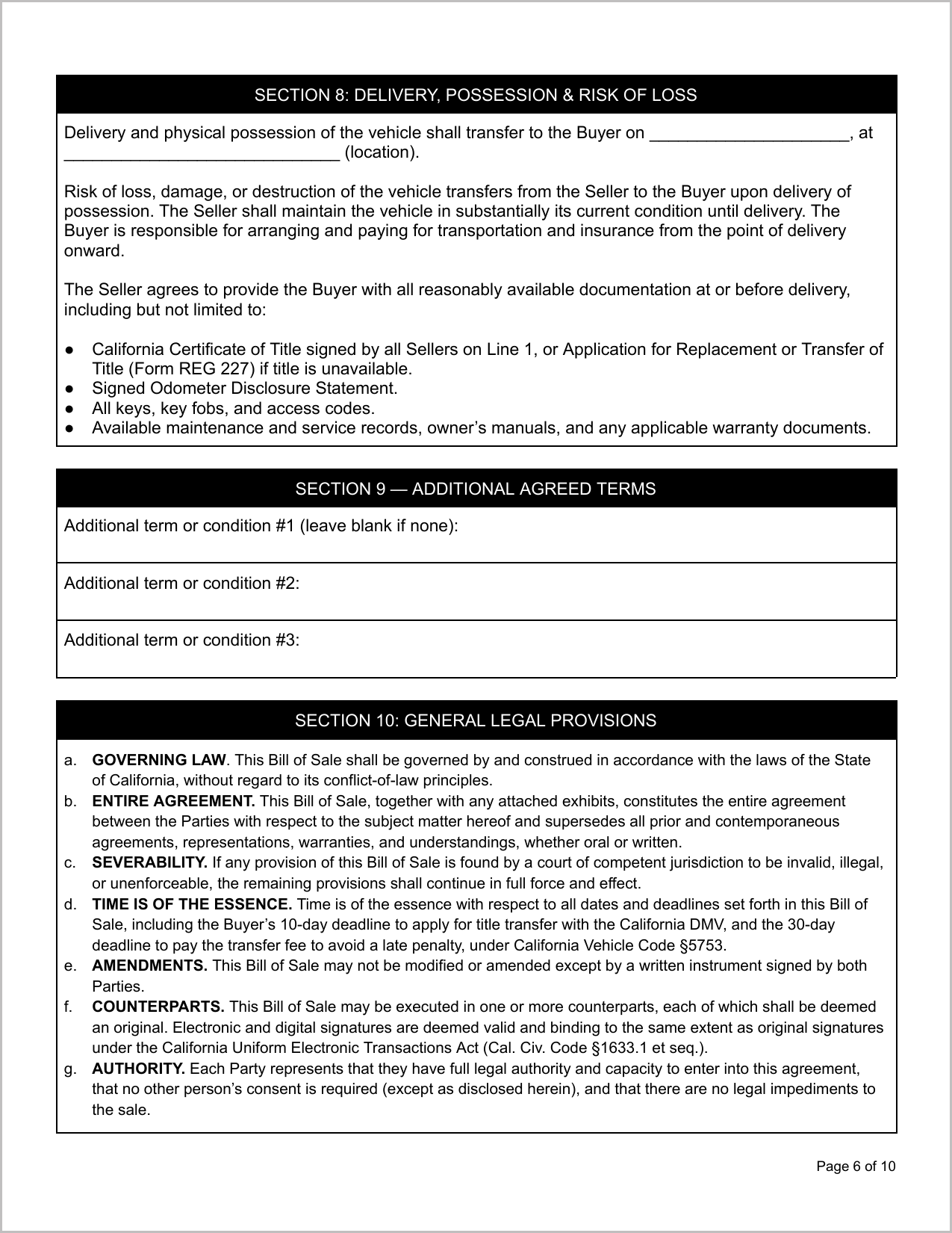 Free Alaska Motor Vehicle Bill of Sale Template Page 1
