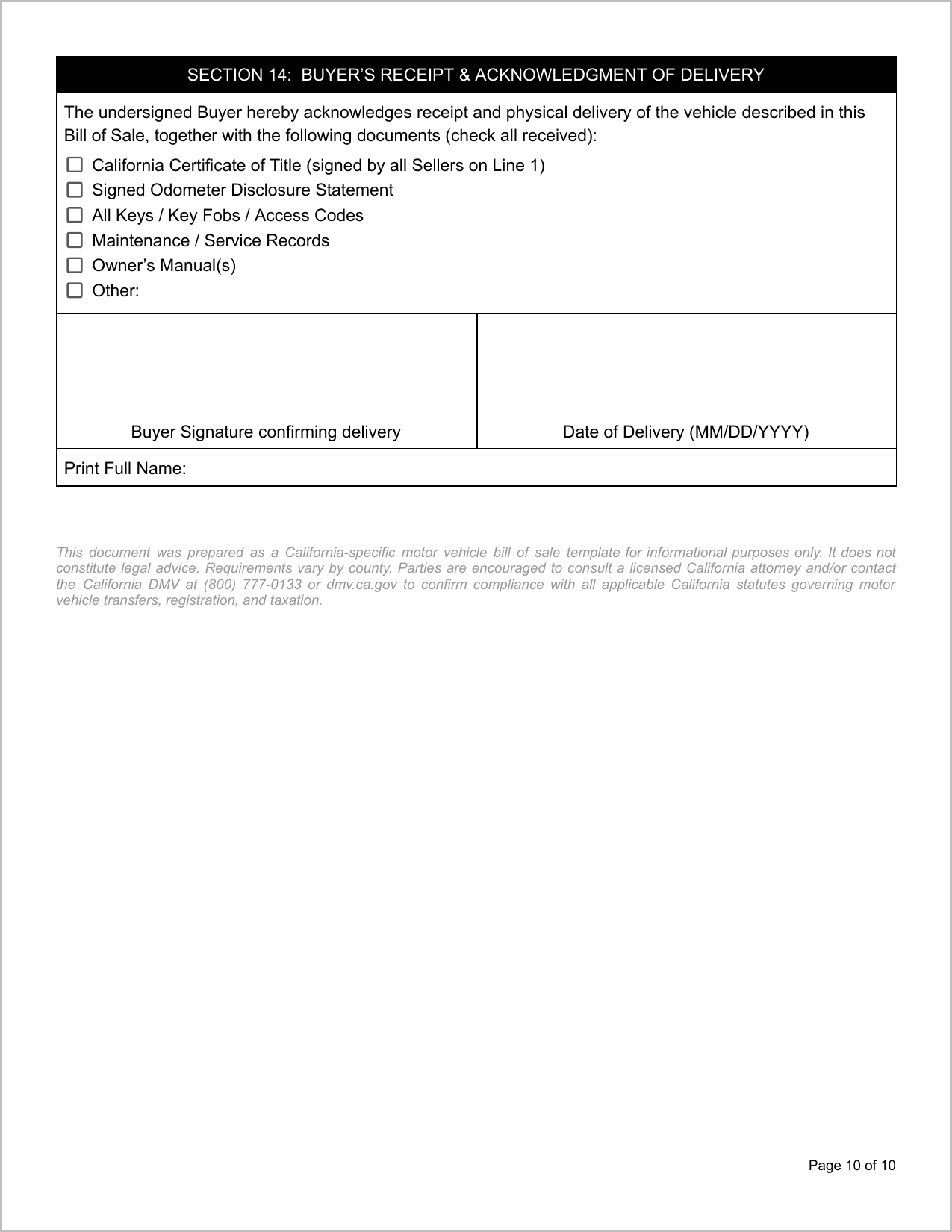 Free Alaska Motor Vehicle Bill of Sale Template Page 1