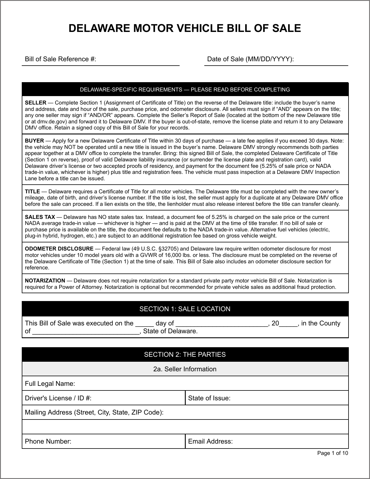 Free Delaware Motor Vehicle Bill of Sale Template Page 1