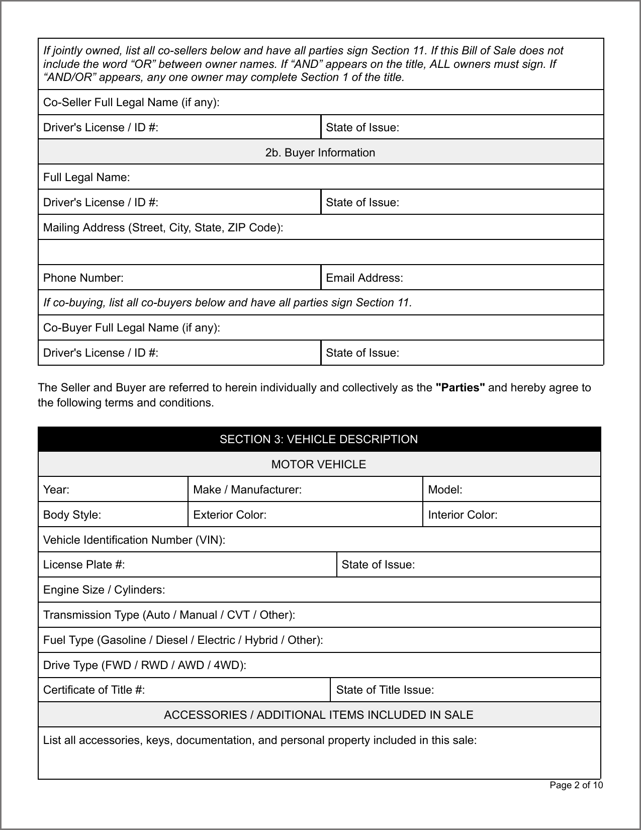 Free Delaware Motor Vehicle Bill of Sale Template Page 2