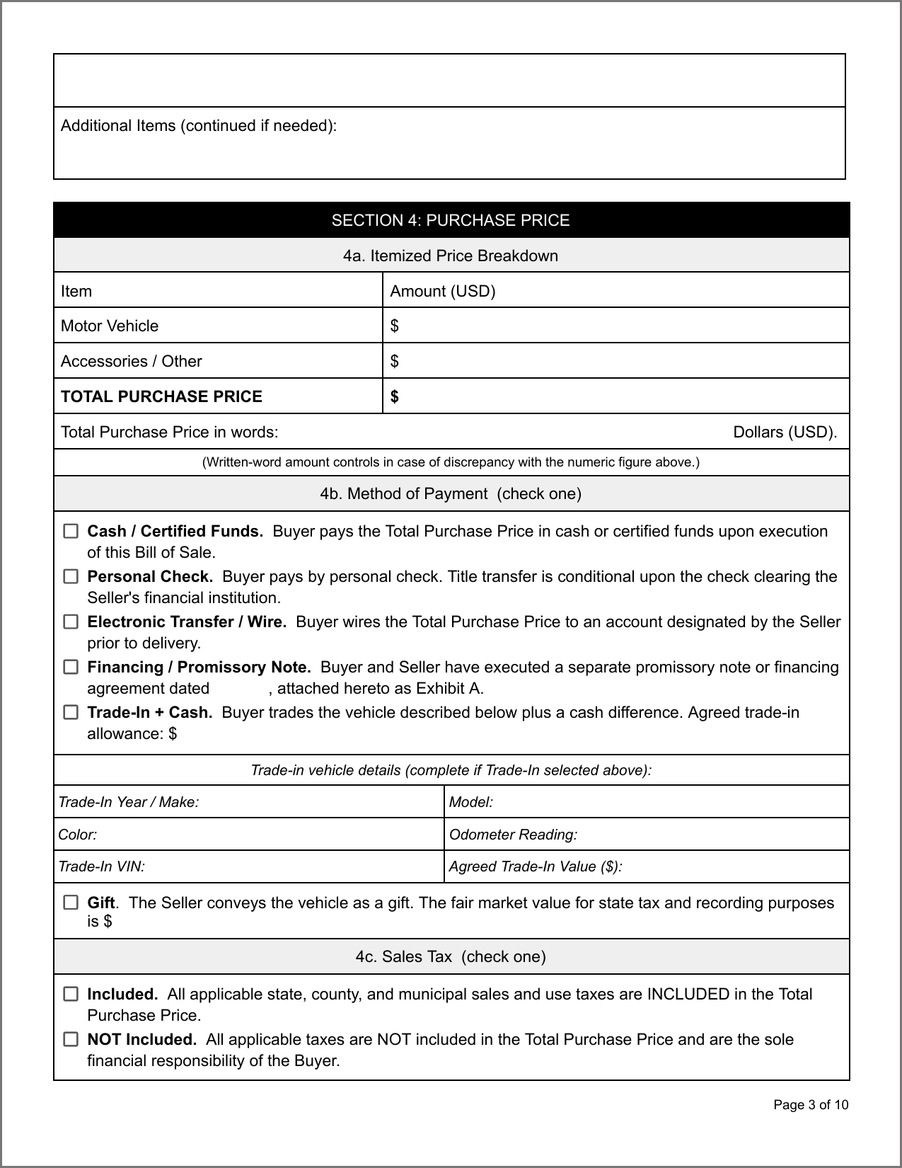 Free Delaware Motor Vehicle Bill of Sale Template Page 3