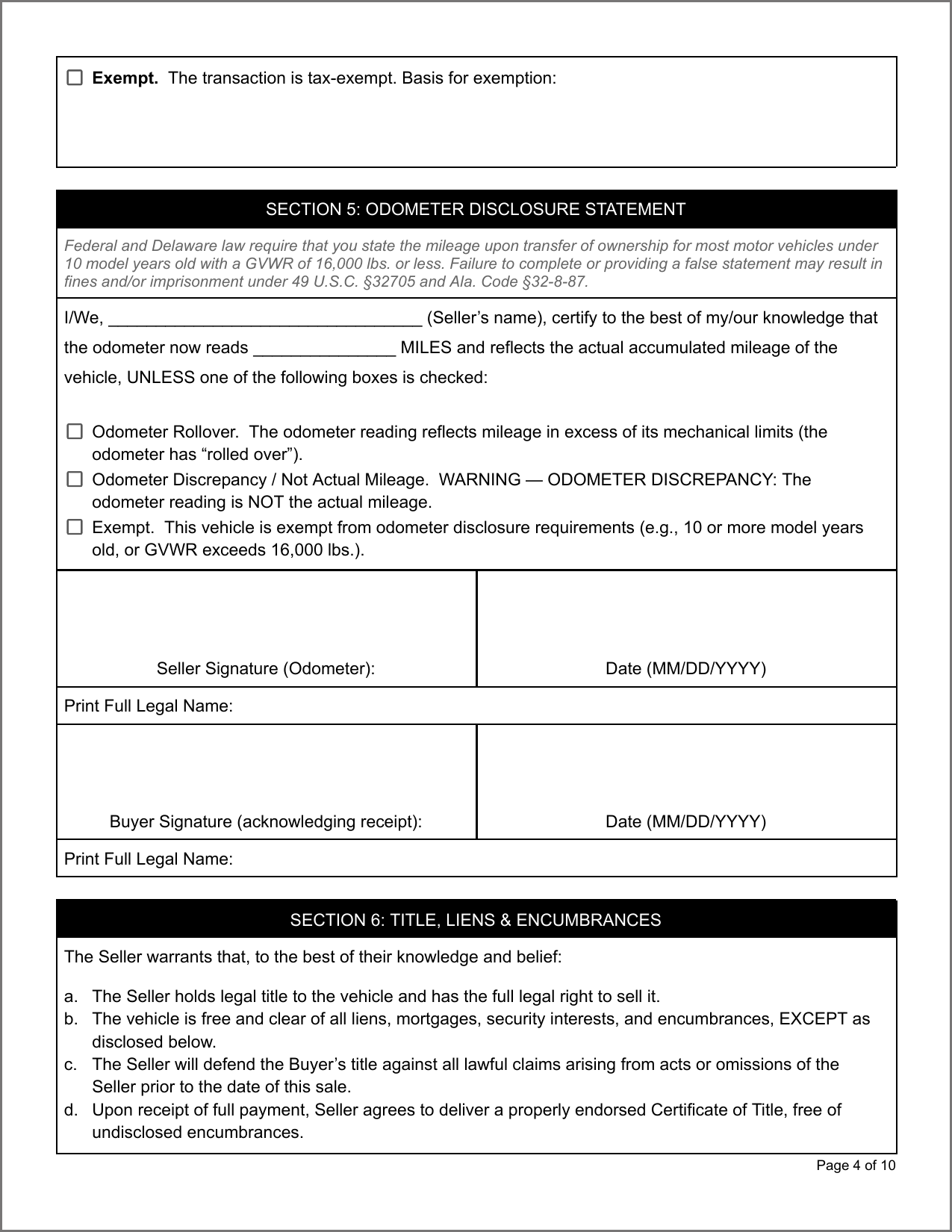 Free Connecticut Motor Vehicle Bill of Sale Template Page 1