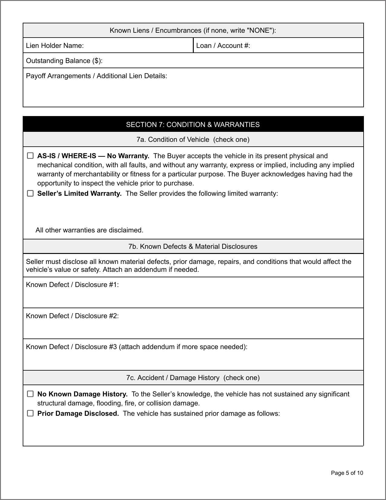 Free Connecticut Motor Vehicle Bill of Sale Template Page 2