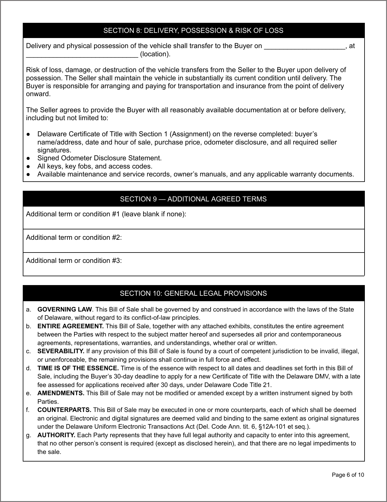 Free Connecticut Motor Vehicle Bill of Sale Template Page 1