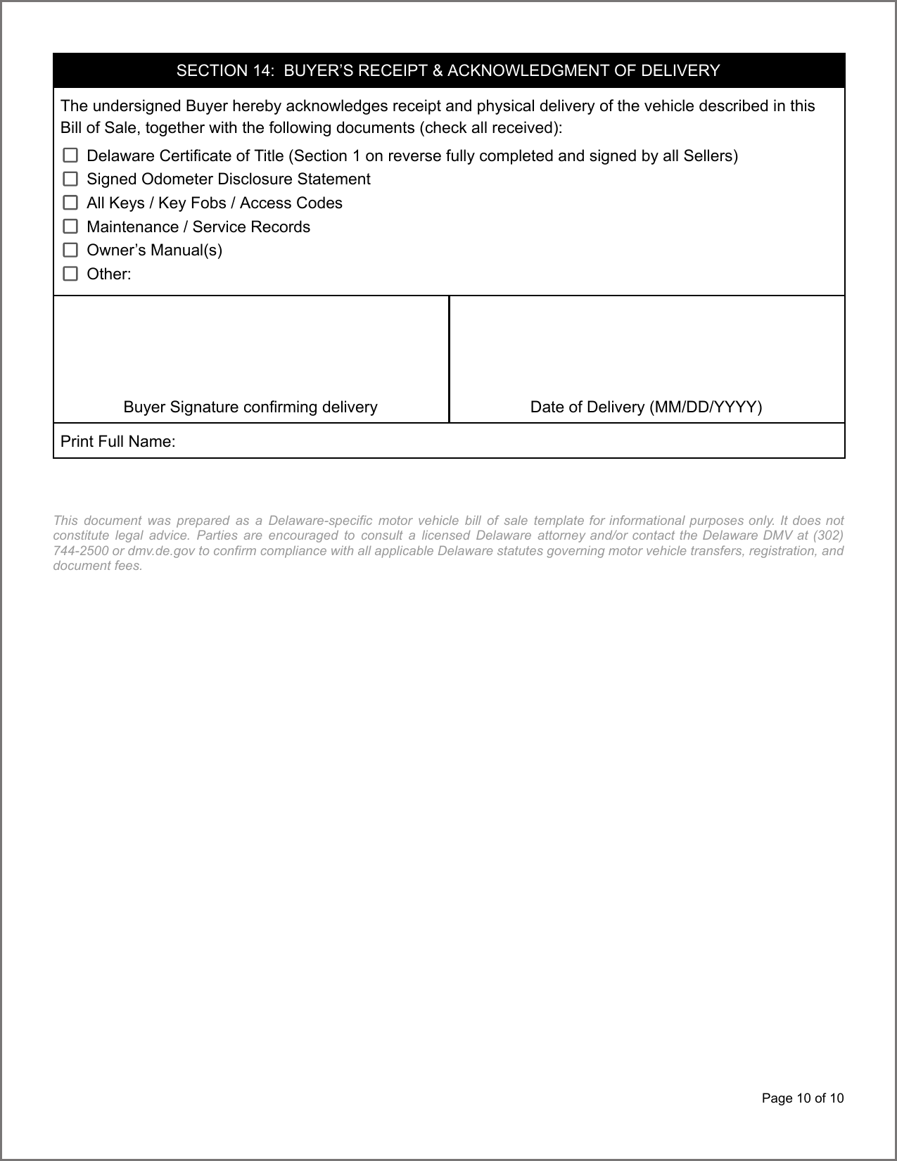 Free Connecticut Motor Vehicle Bill of Sale Template Page 1