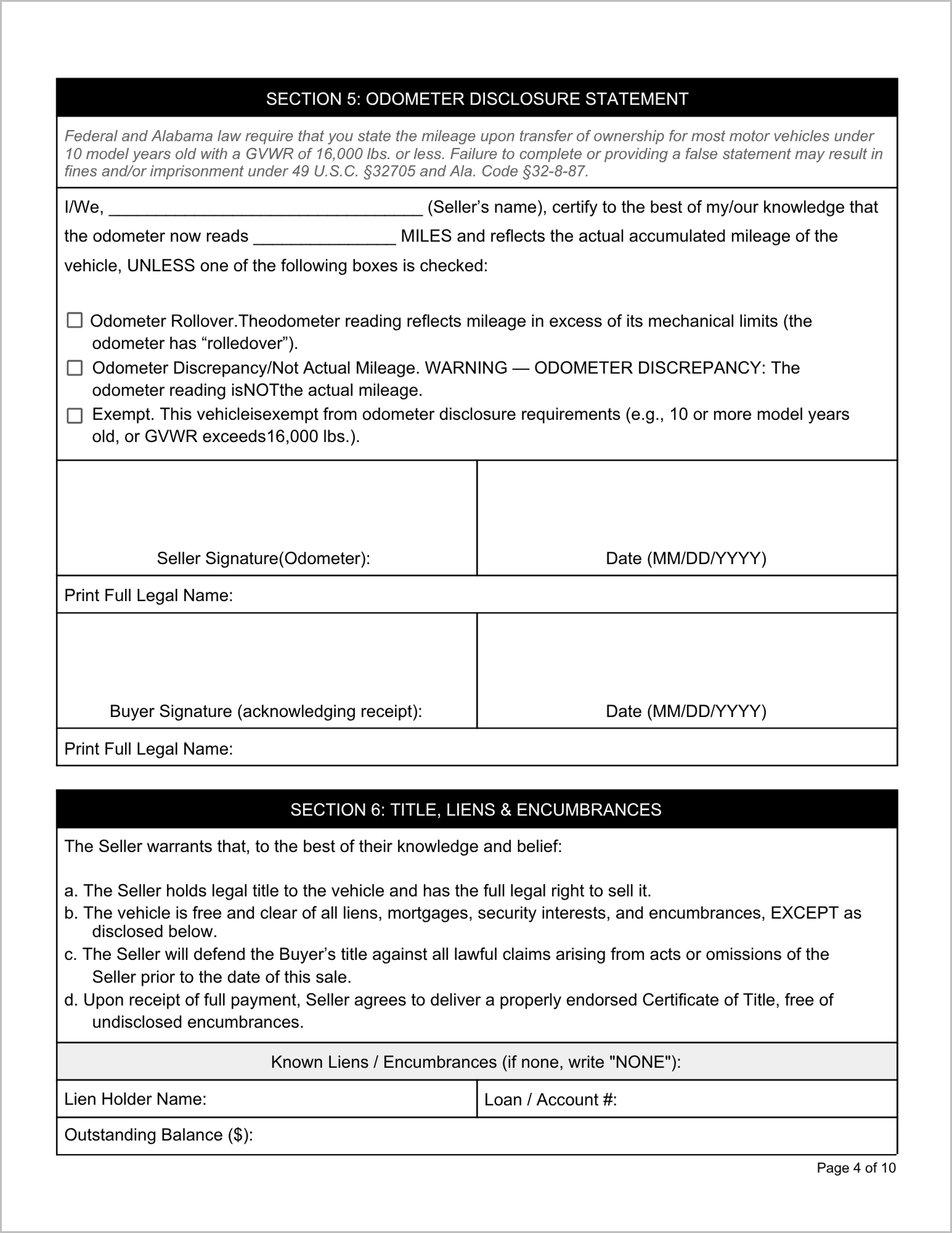 Free Alabama Motor Vehicle Bill of Sale Template