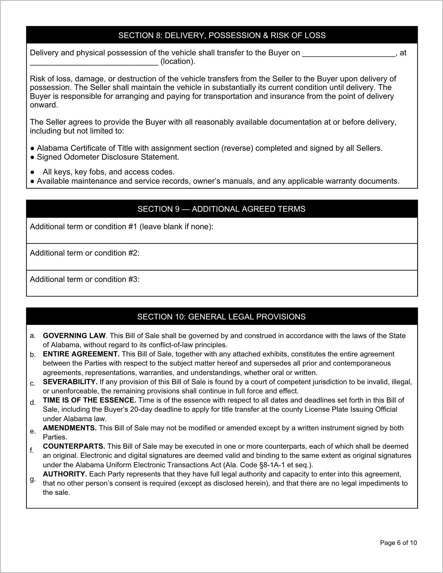 Free Alabama Motor Vehicle Bill of Sale Template