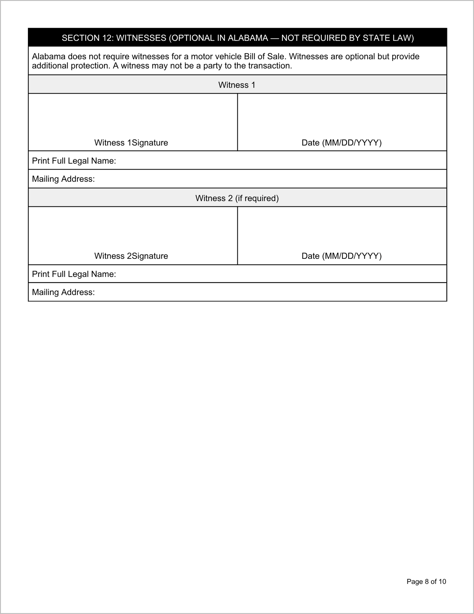 Free Alabama Motor Vehicle Bill of Sale Template