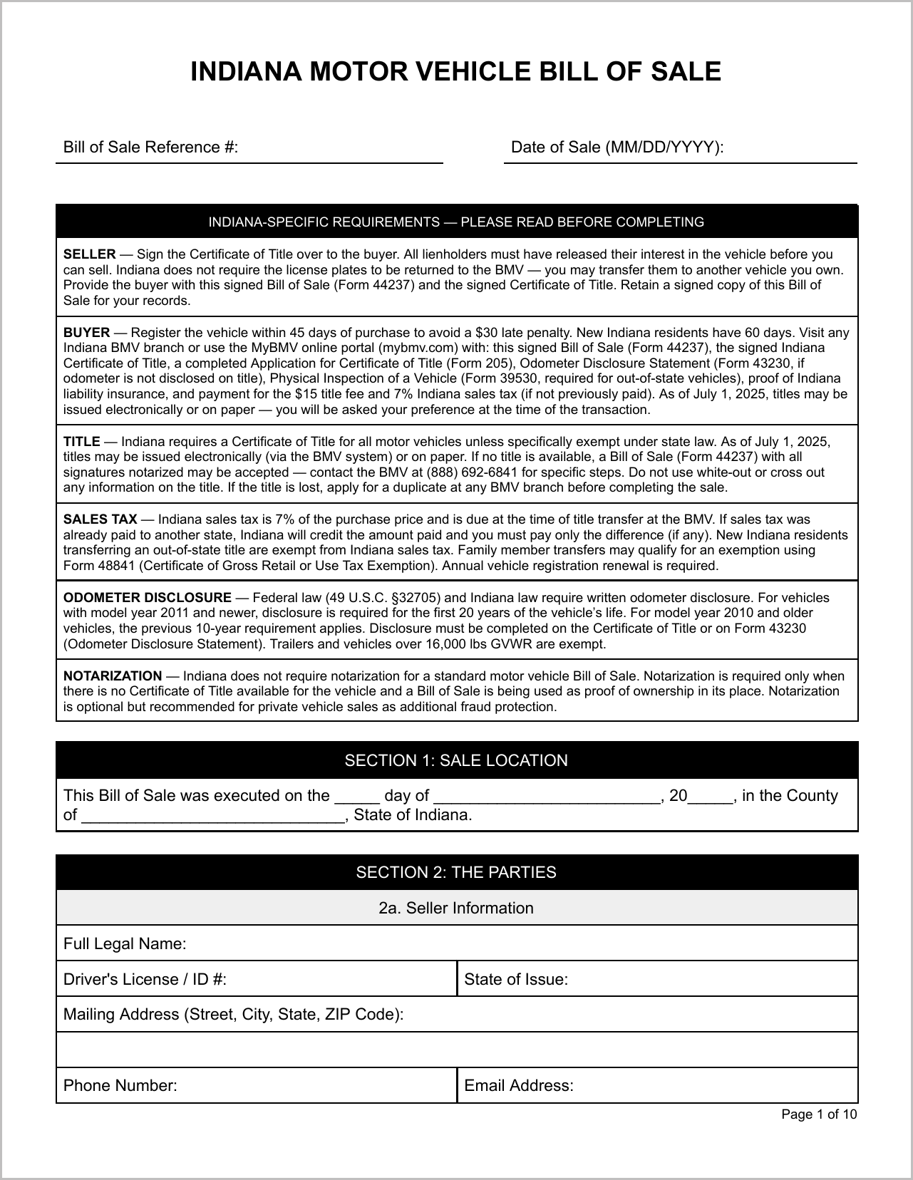 Free Indiana Motor Vehicle Bill of Sale Template Page 1