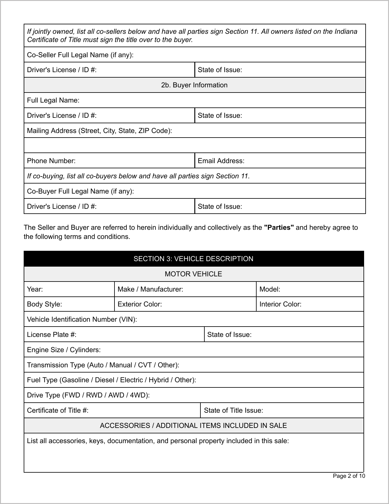 Free Indiana Motor Vehicle Bill of Sale Template Page 2