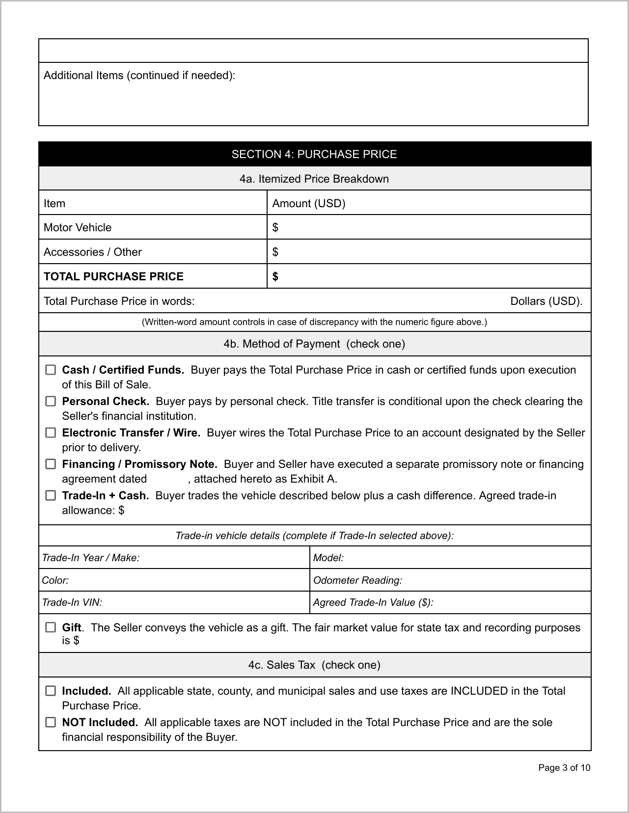 Free Indiana Motor Vehicle Bill of Sale Template Page 3