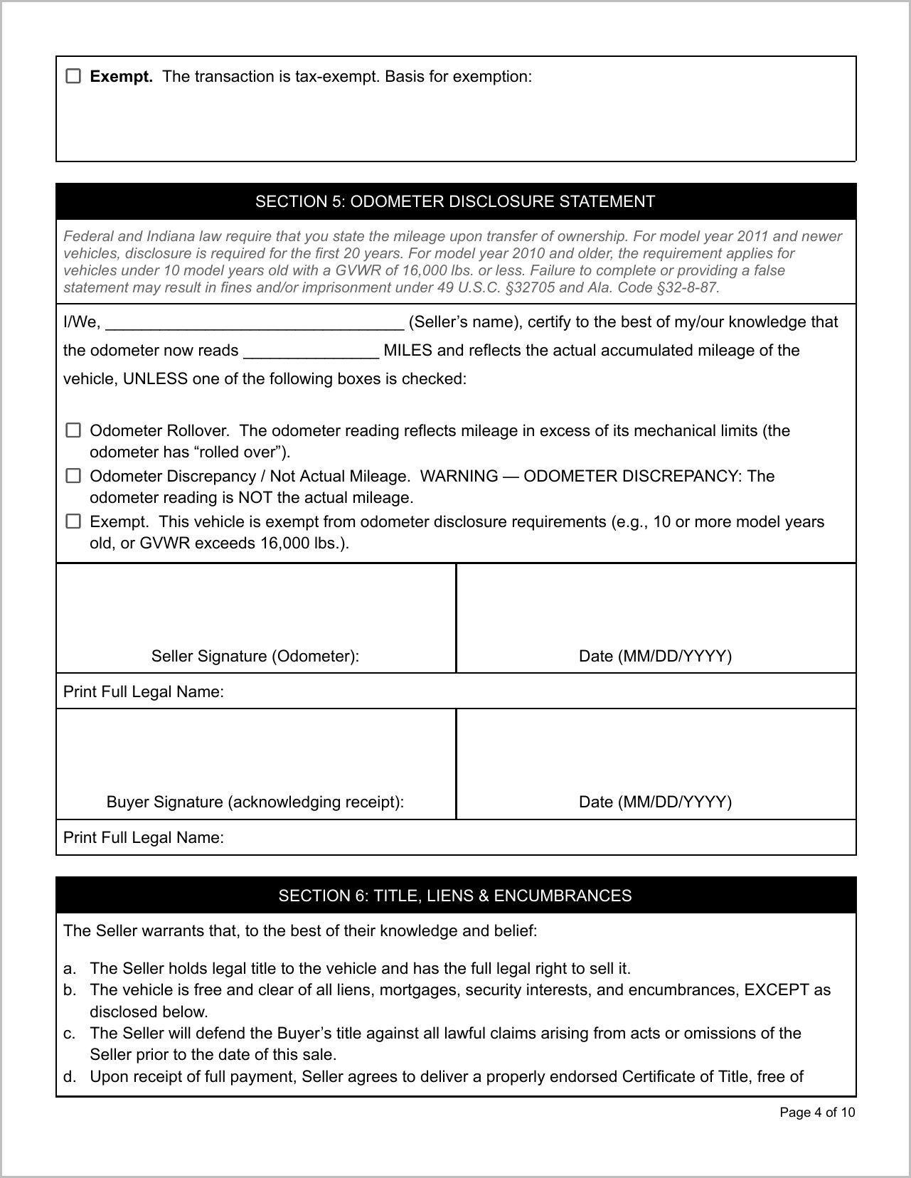 Free Illinois Motor Vehicle Bill of Sale Template Page 1