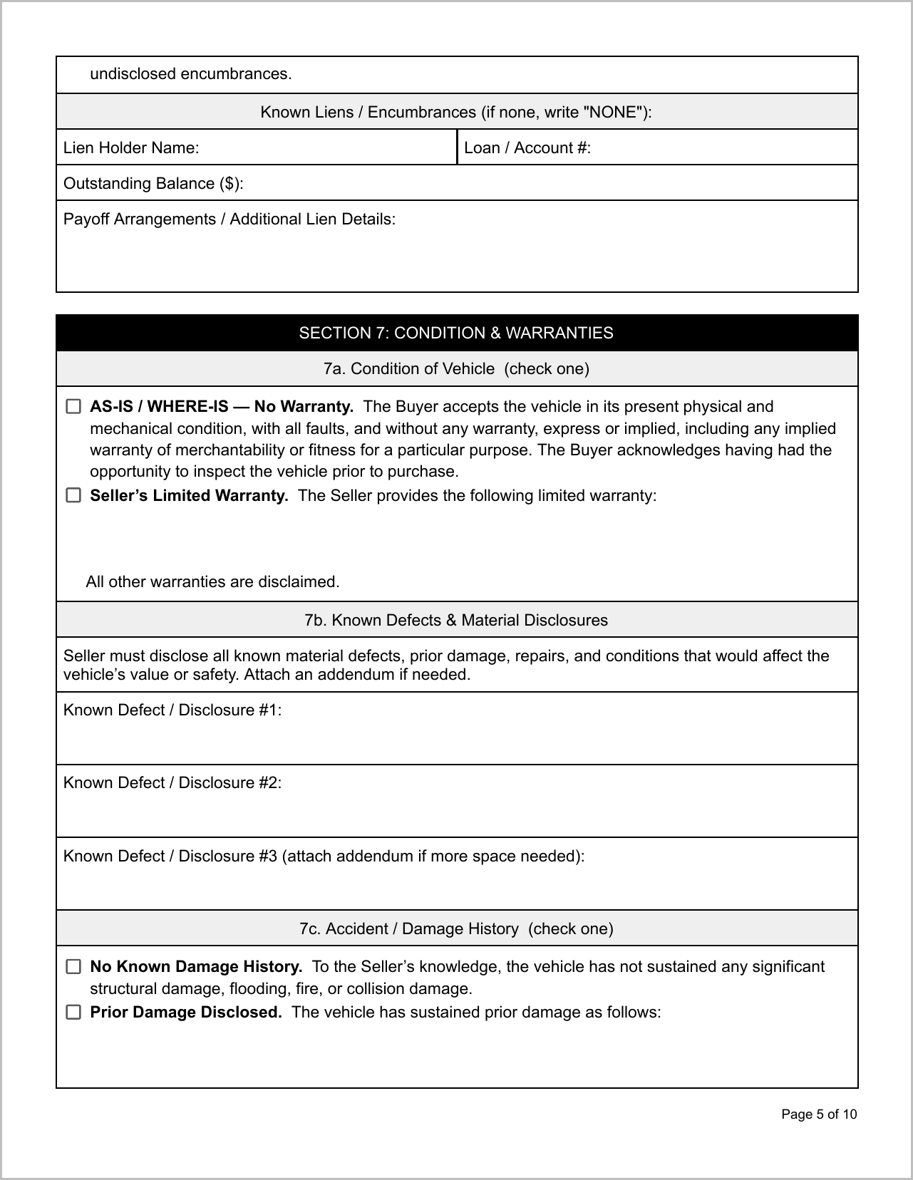 Free Illinois Motor Vehicle Bill of Sale Template Page 2