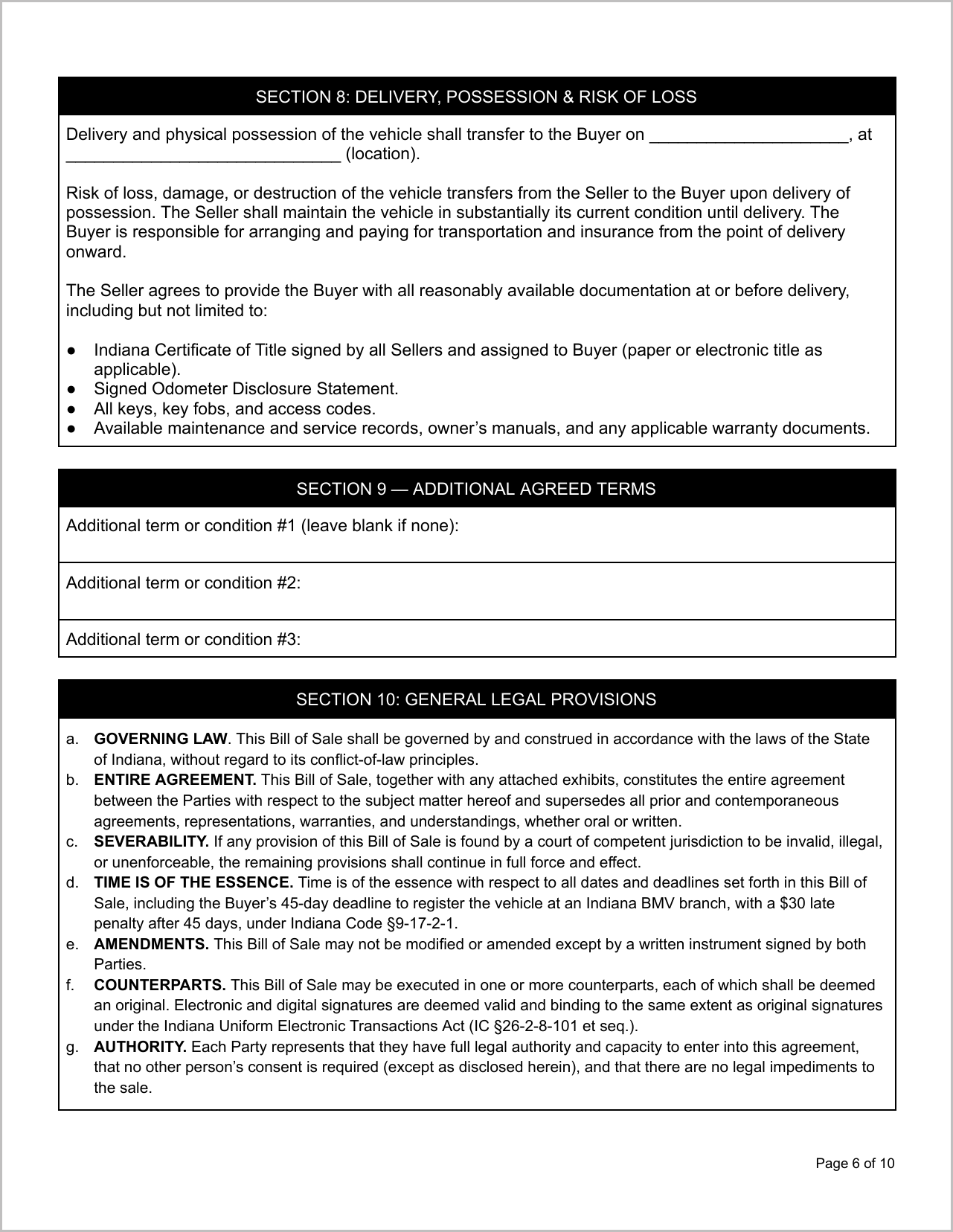 Free Illinois Motor Vehicle Bill of Sale Template Page 3