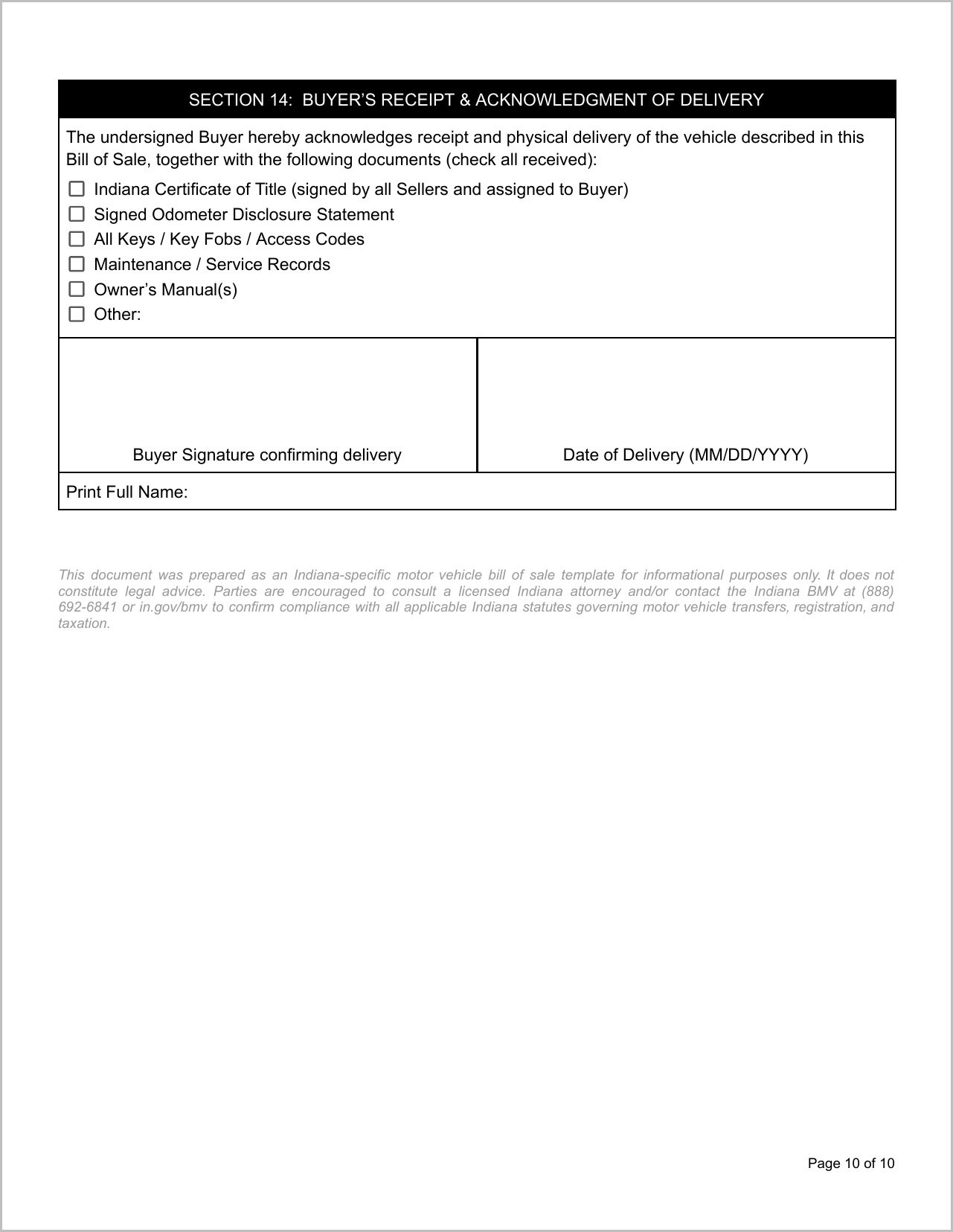 Free Illinois Motor Vehicle Bill of Sale Template Page 3