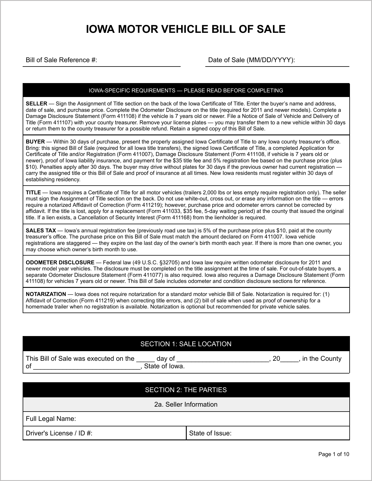 Free Iowa Motor Vehicle Bill of Sale Template Page 1
