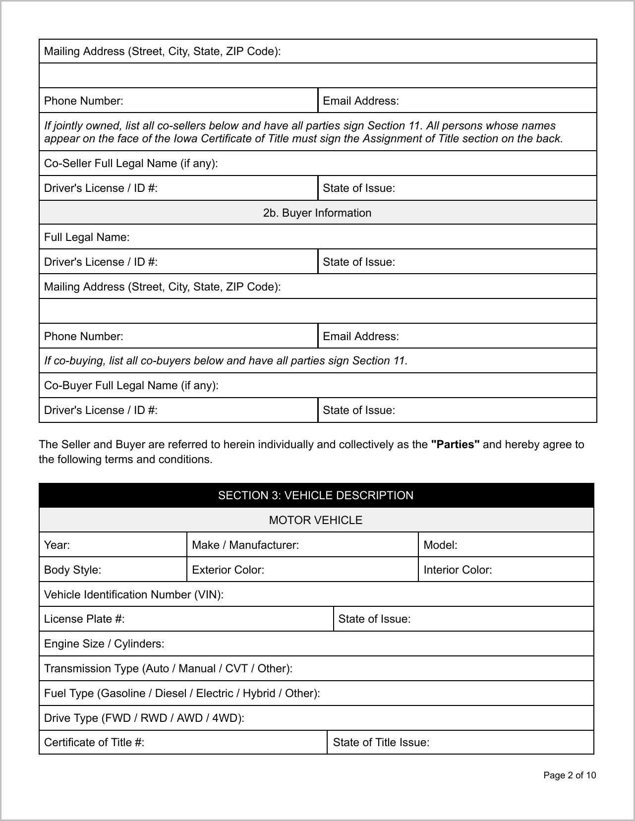 Free Iowa Motor Vehicle Bill of Sale Template Page 2