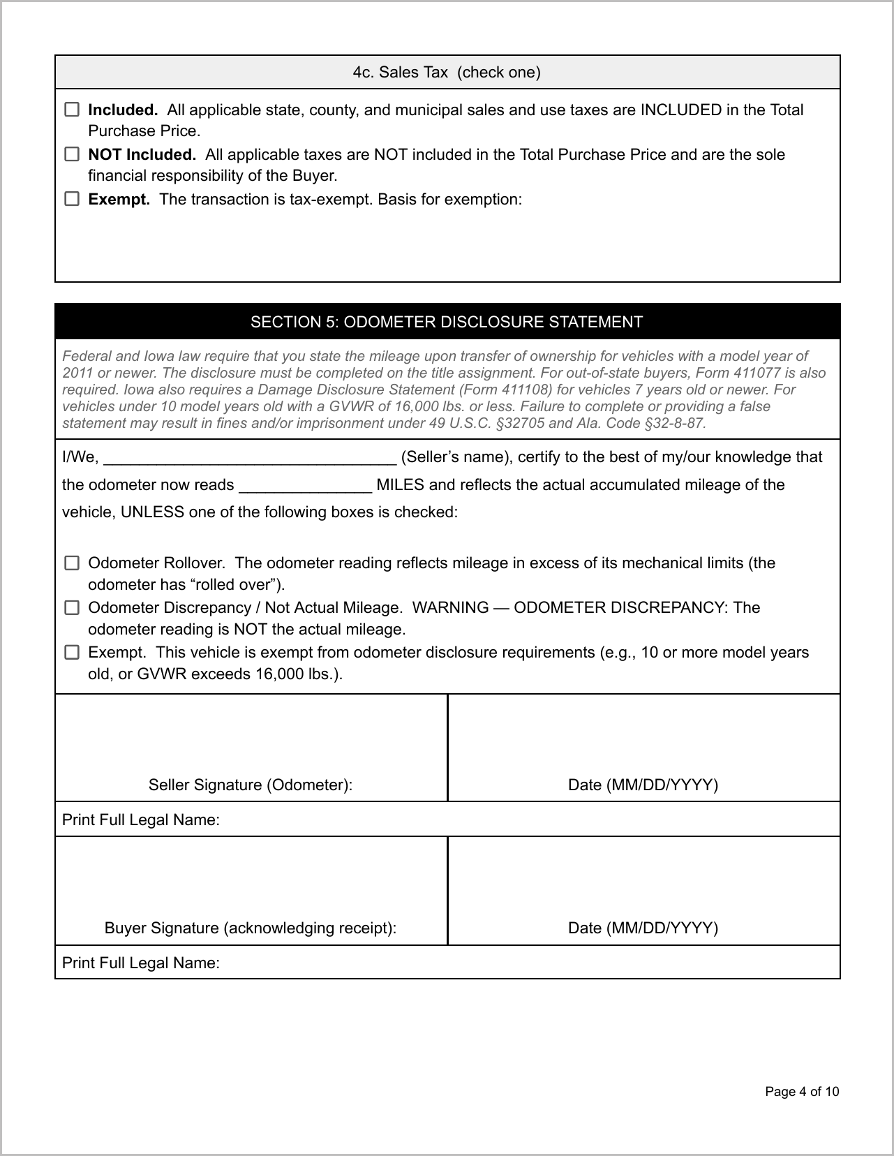 Free Illinois Motor Vehicle Bill of Sale Template Page 1