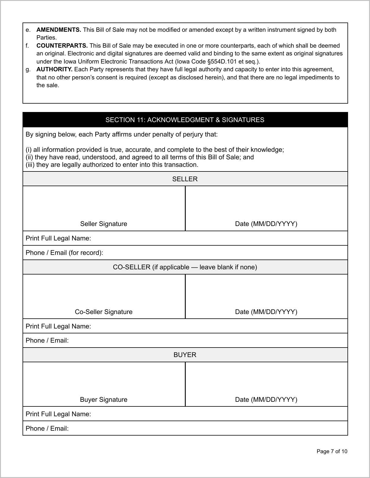 Free Illinois Motor Vehicle Bill of Sale Template Page 1