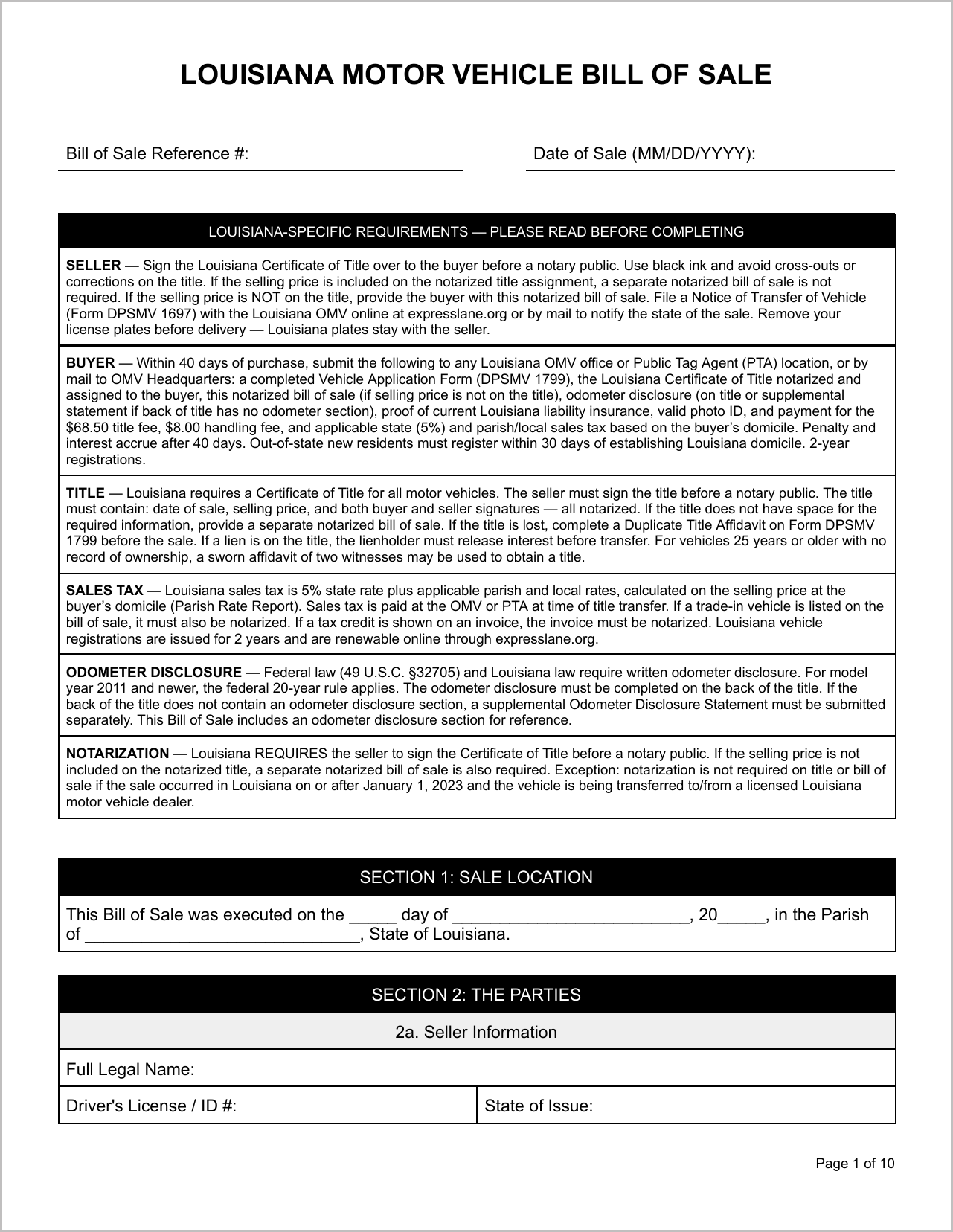 Free Louisiana Motor Vehicle Bill of Sale Template Page 1