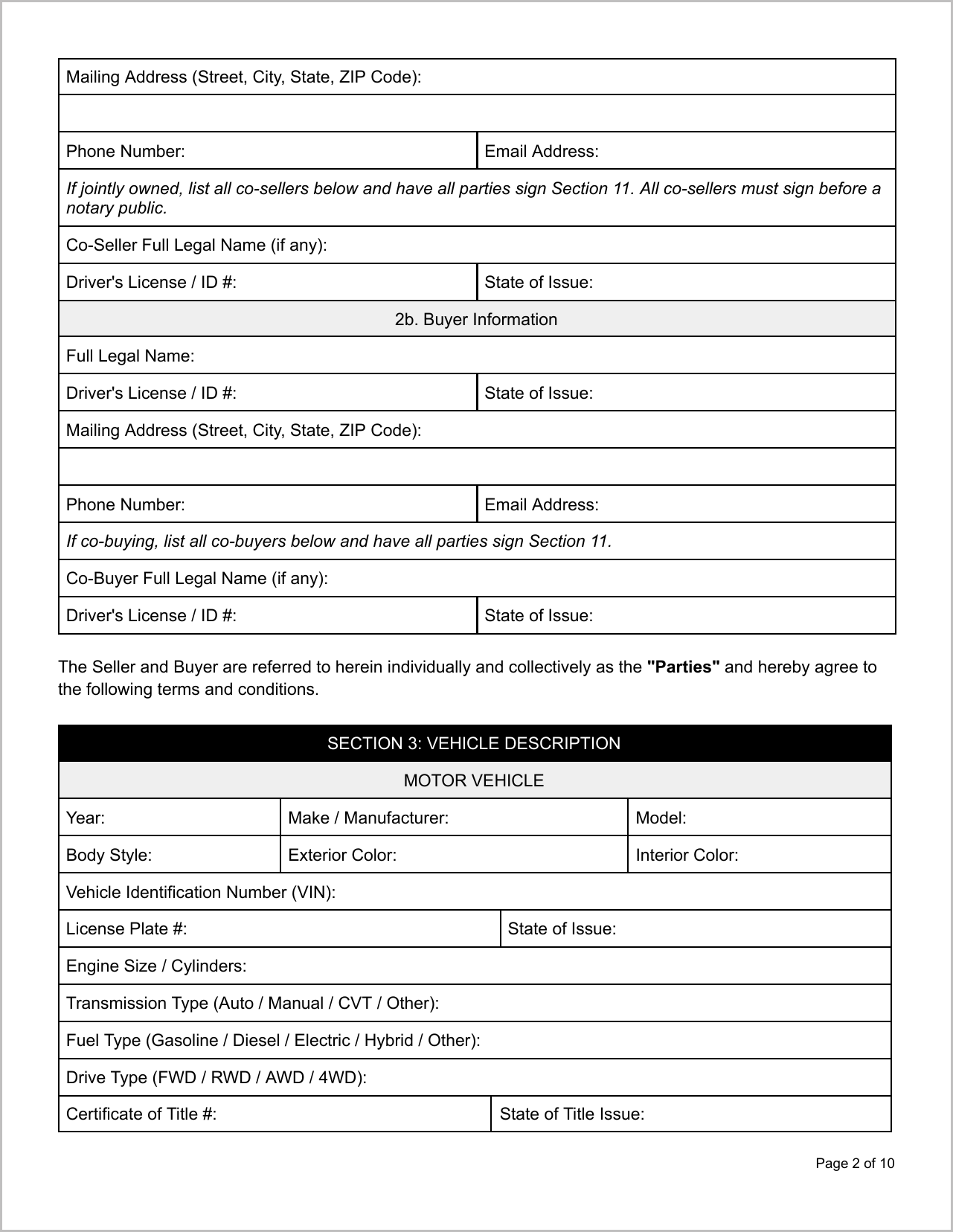 Free Louisiana Motor Vehicle Bill of Sale Template Page 2