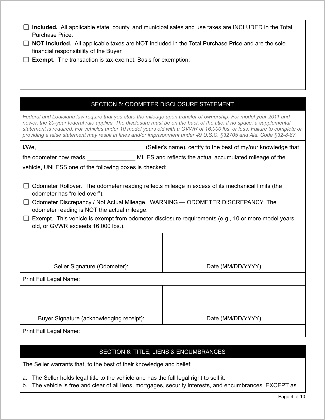 Free Illinois Motor Vehicle Bill of Sale Template Page 1