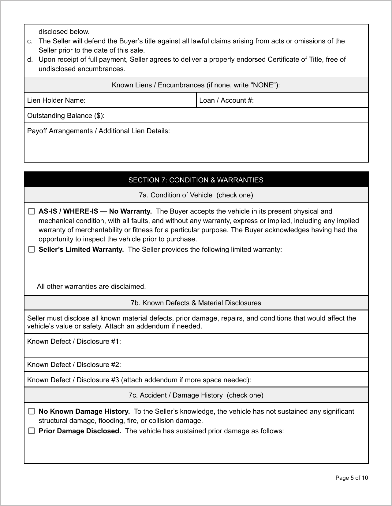 Free Illinois Motor Vehicle Bill of Sale Template Page 2