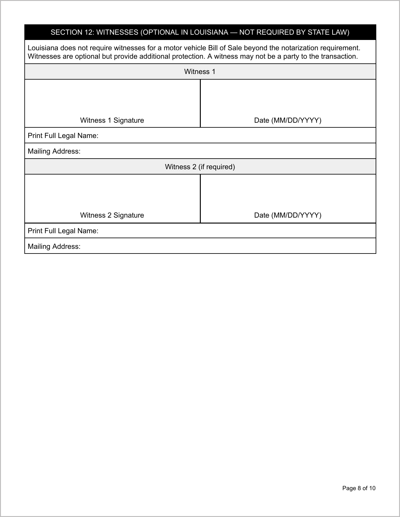 Free Illinois Motor Vehicle Bill of Sale Template Page 2