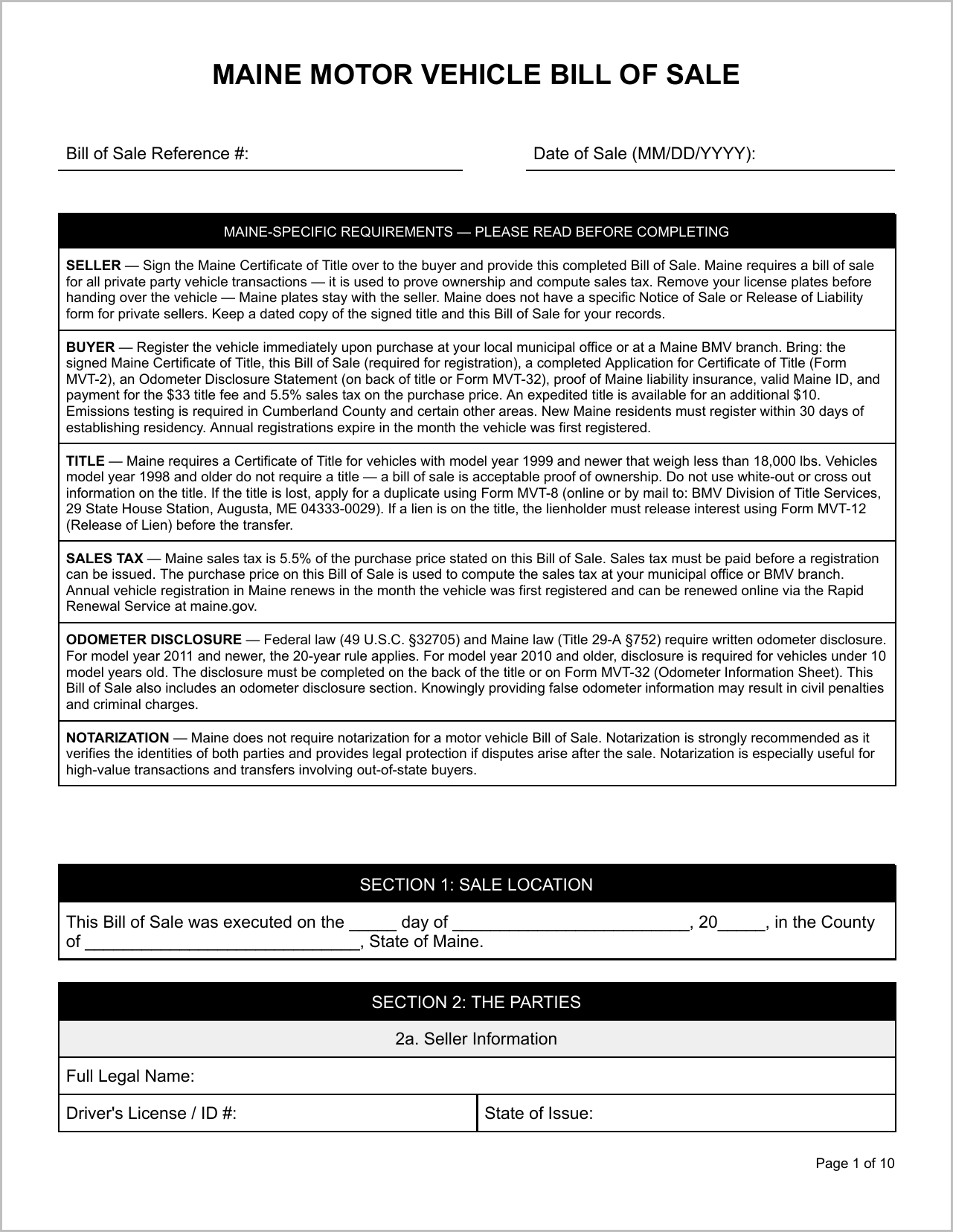 Free Maine Motor Vehicle Bill of Sale Template Page 1