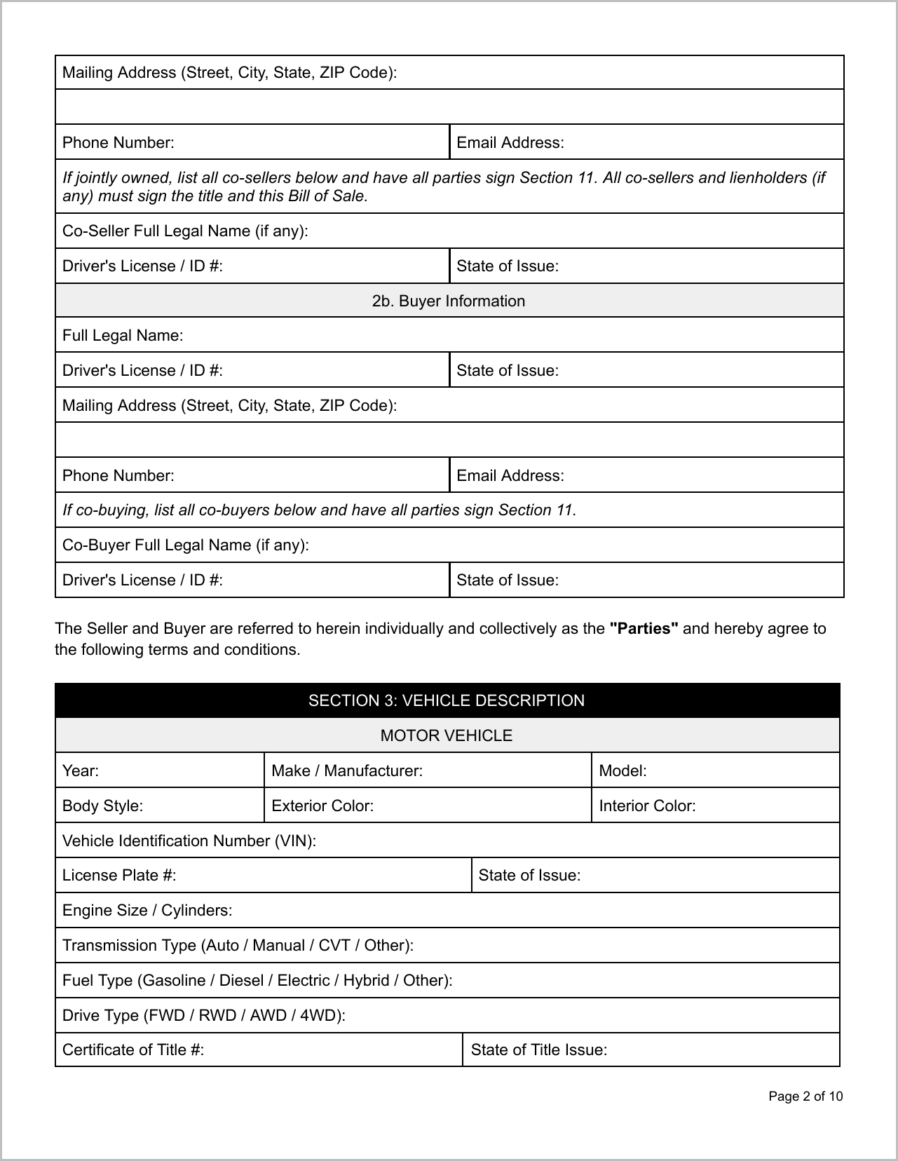 Free Maine Motor Vehicle Bill of Sale Template Page 2