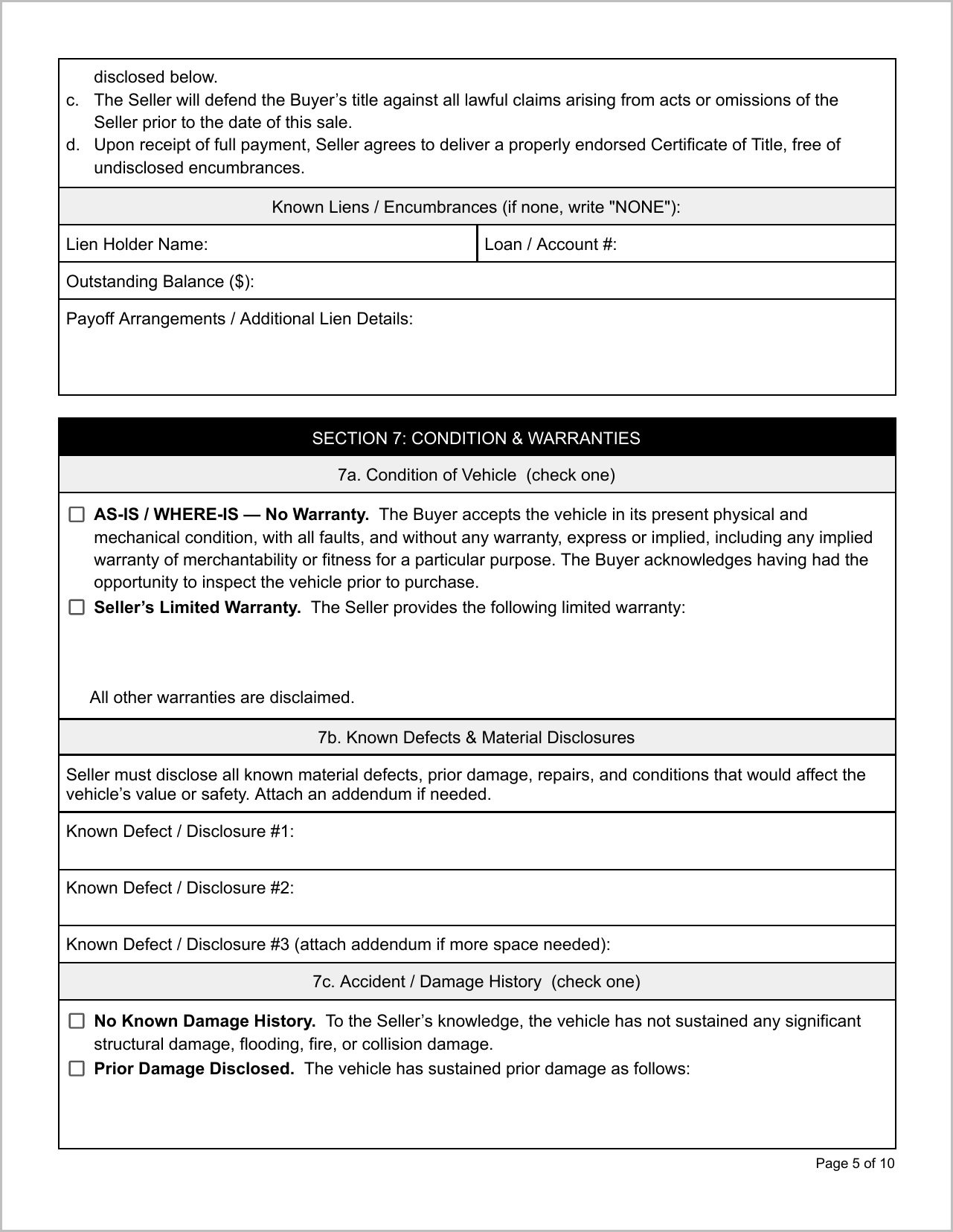 Free Illinois Motor Vehicle Bill of Sale Template Page 2