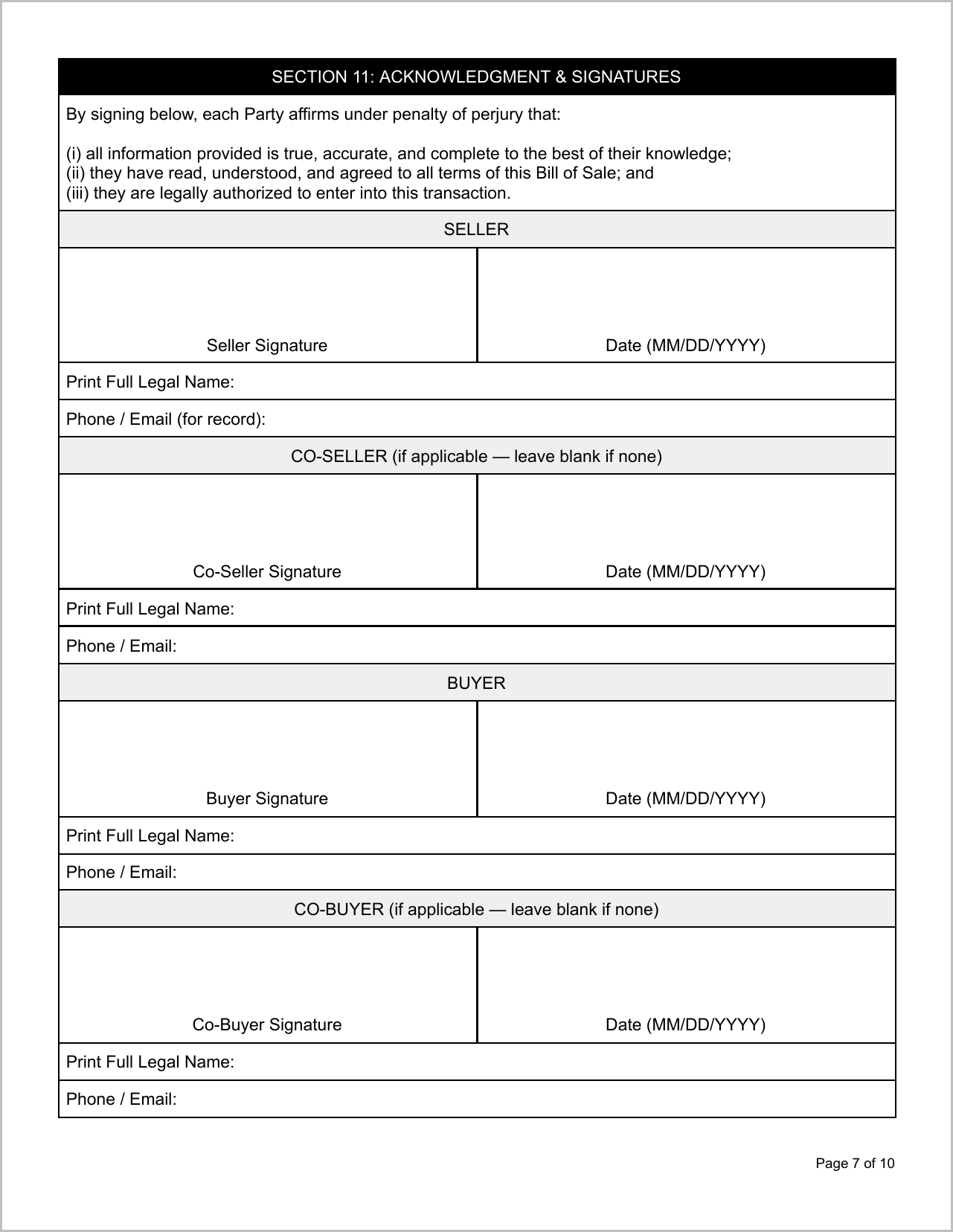 Free Illinois Motor Vehicle Bill of Sale Template Page 1