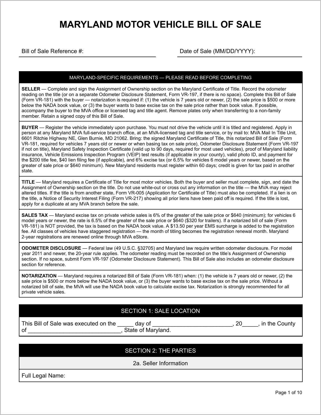 Free Maryland Motor Vehicle Bill of Sale Template Page 1