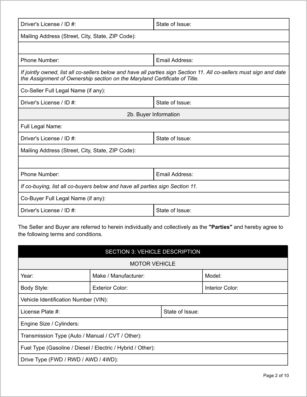 Free Maryland Motor Vehicle Bill of Sale Template Page 2