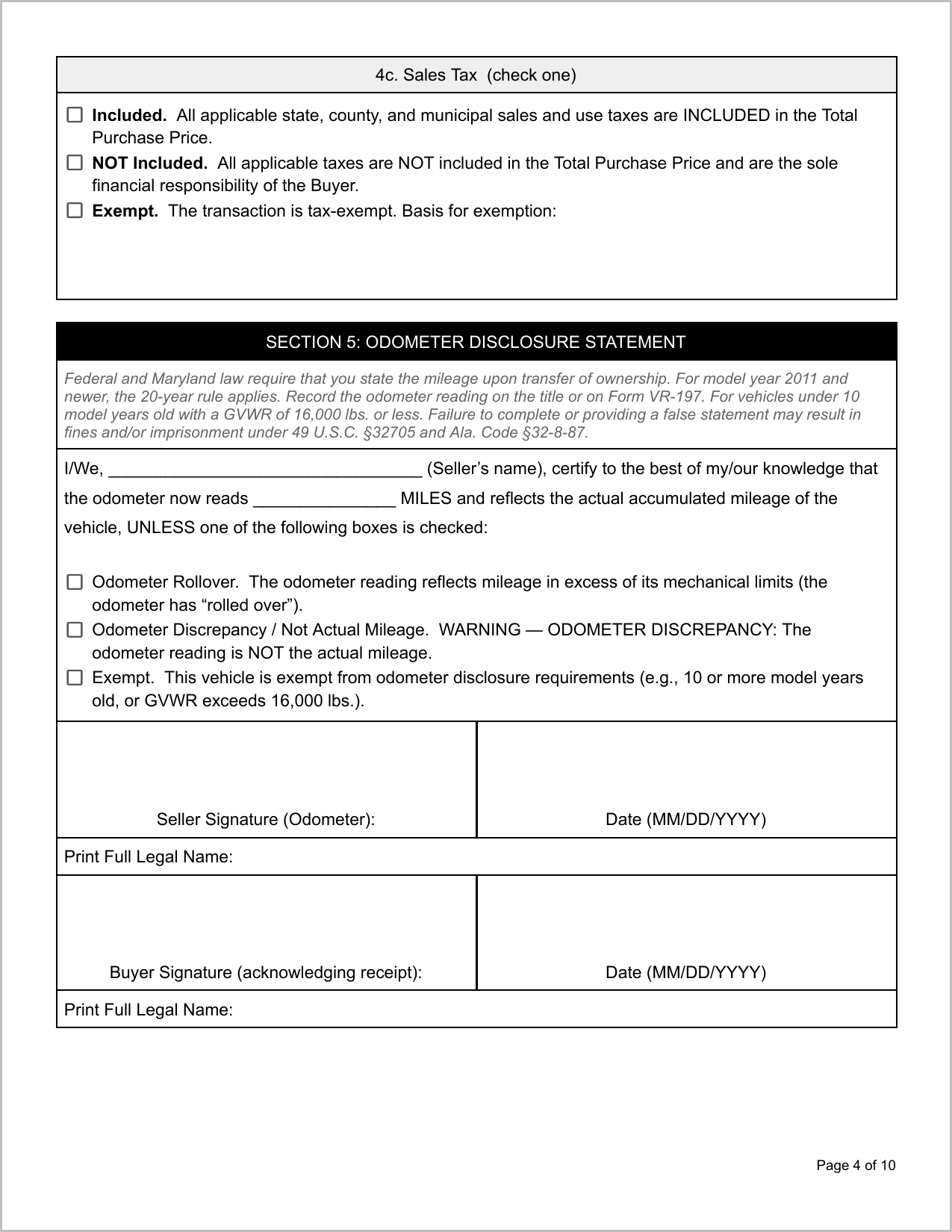 Free Illinois Motor Vehicle Bill of Sale Template Page 1