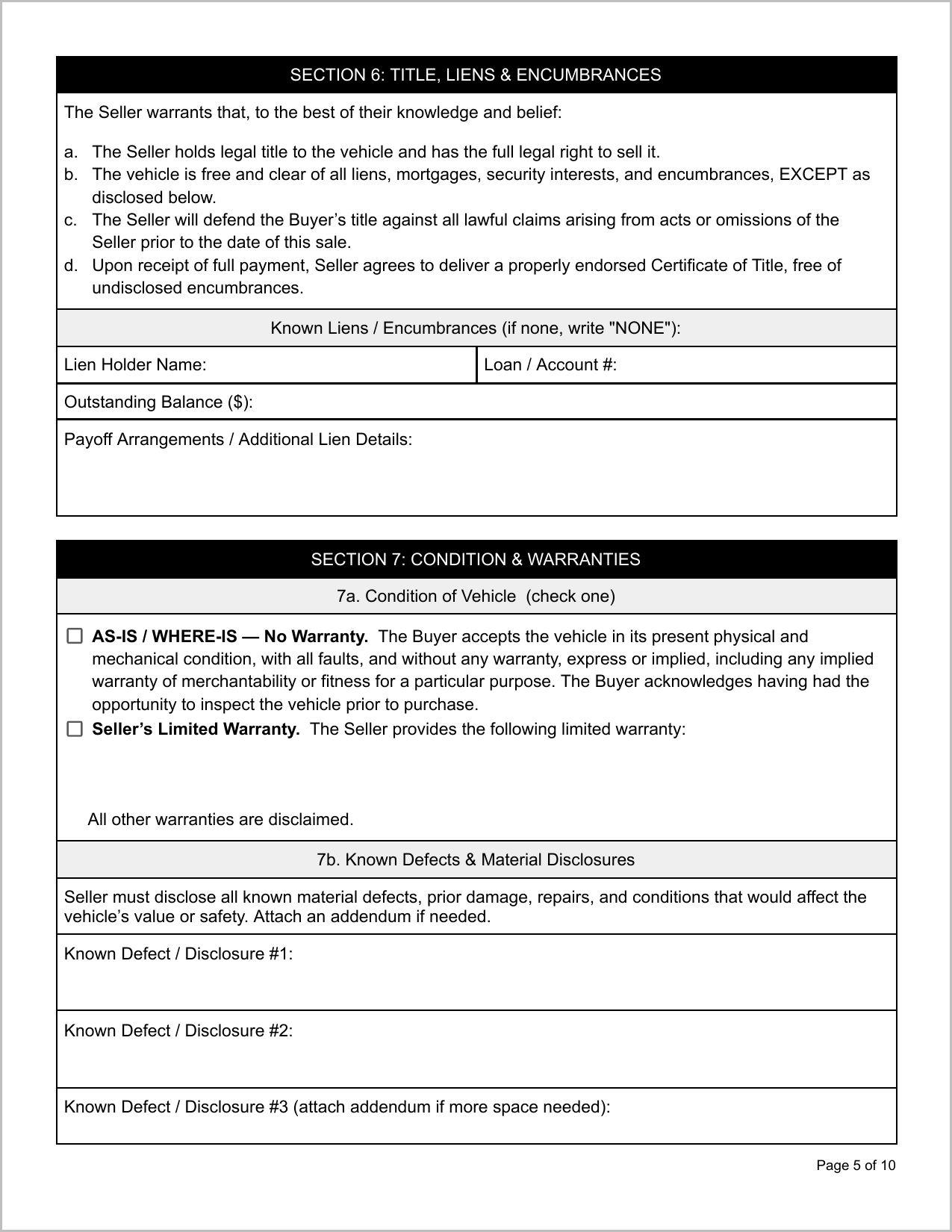 Free Illinois Motor Vehicle Bill of Sale Template Page 2