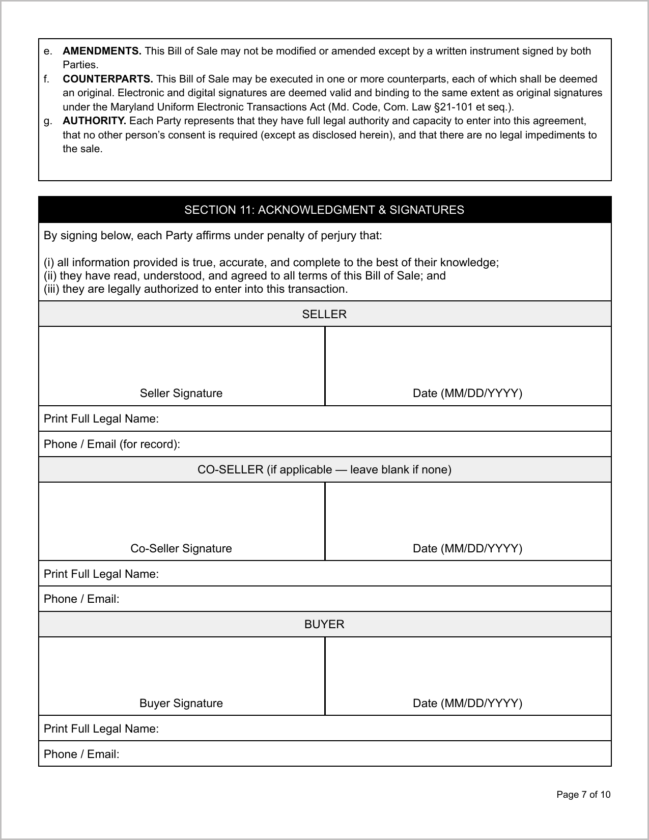 Free Illinois Motor Vehicle Bill of Sale Template Page 1