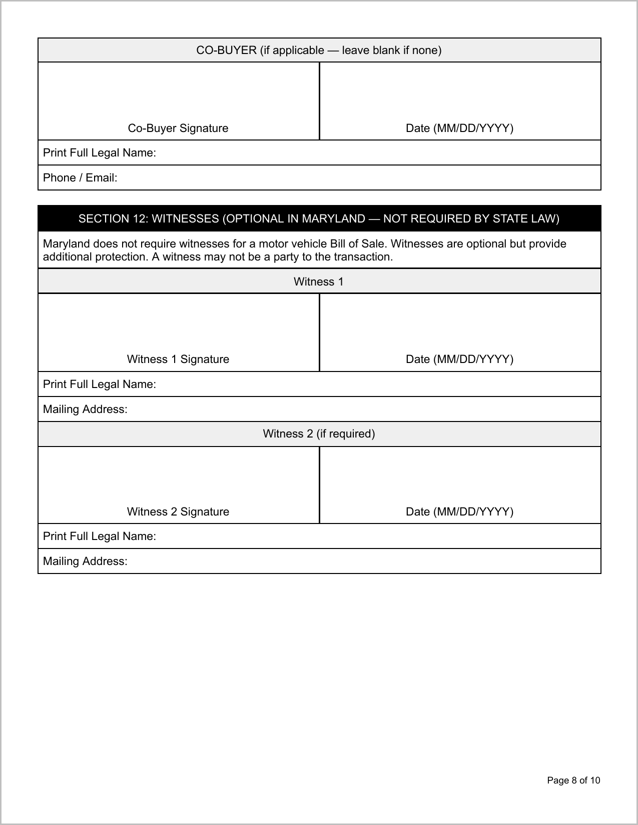 Free Illinois Motor Vehicle Bill of Sale Template Page 2