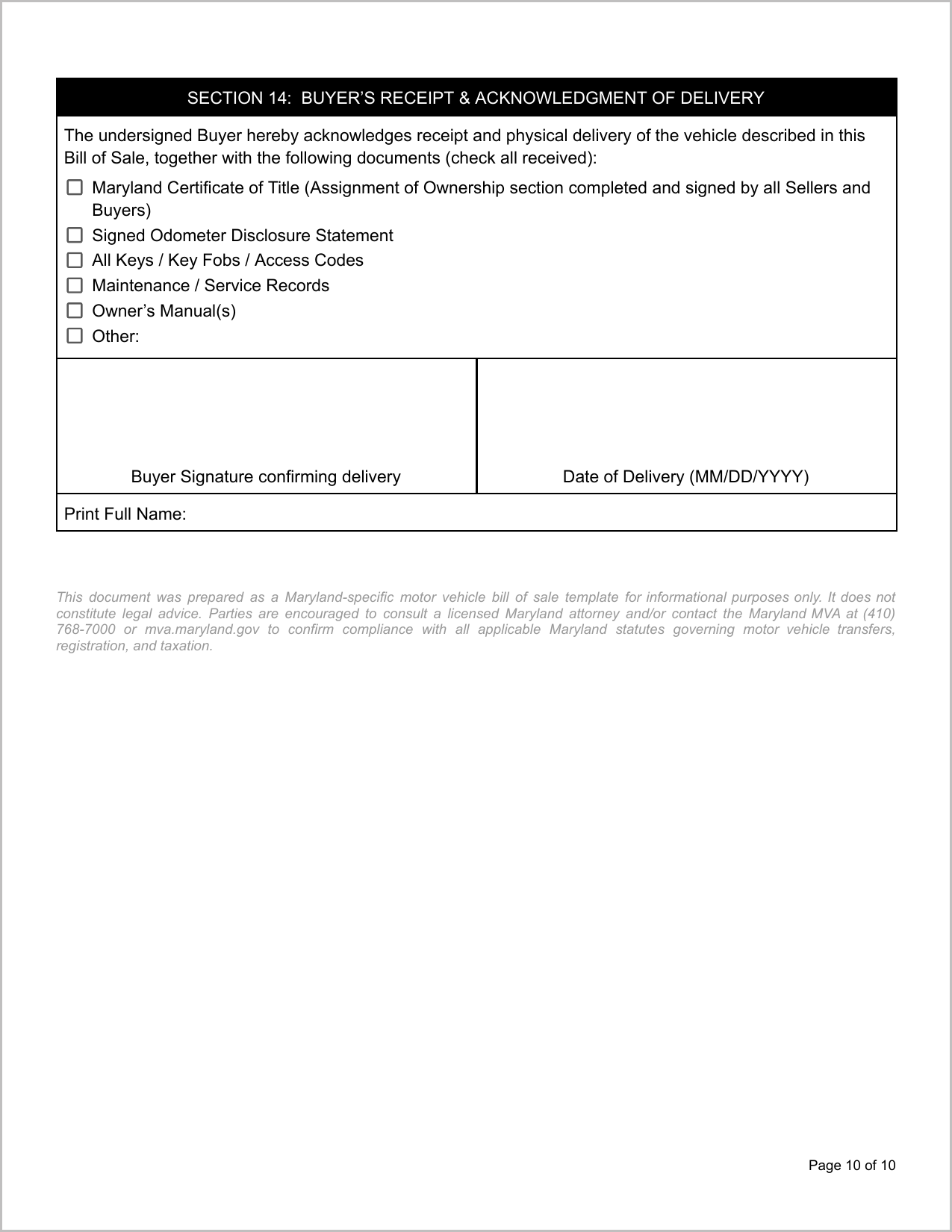 Free Illinois Motor Vehicle Bill of Sale Template Page 3