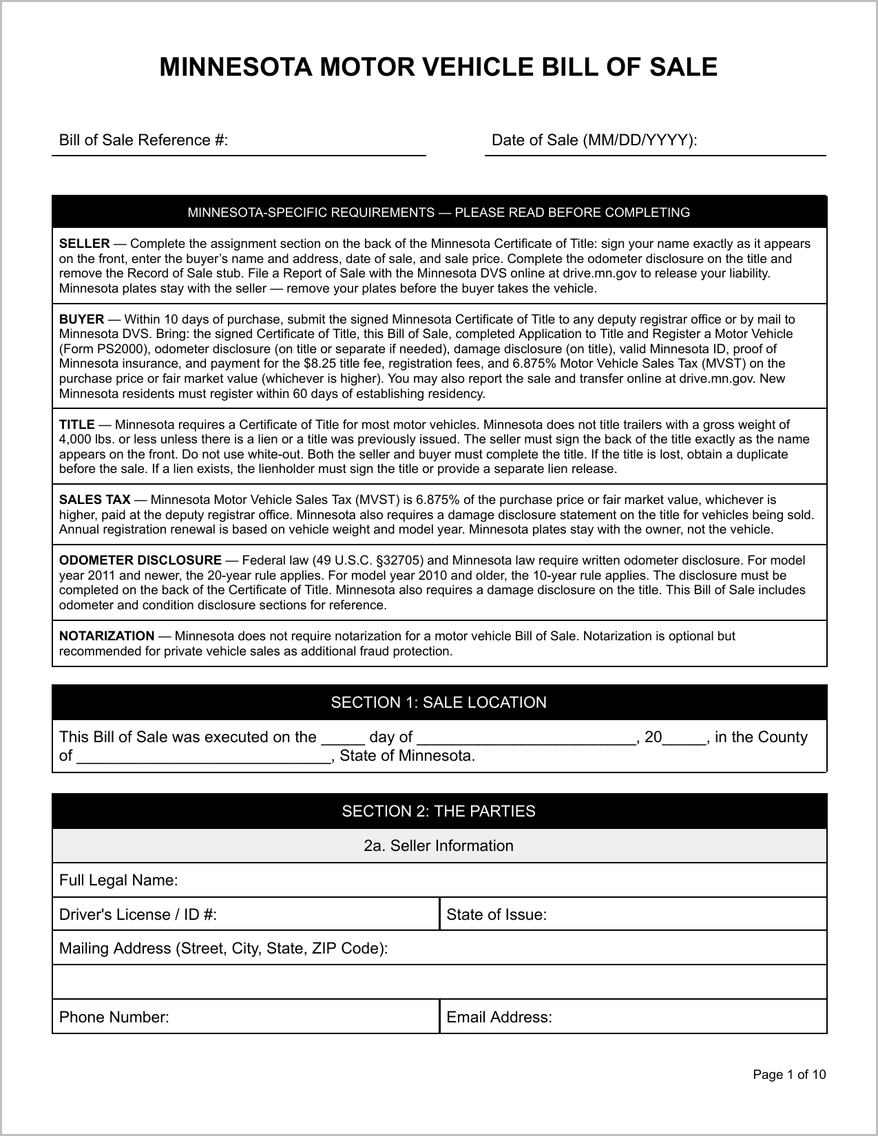 Free Minnesota Motor Vehicle Bill of Sale Template Page 1
