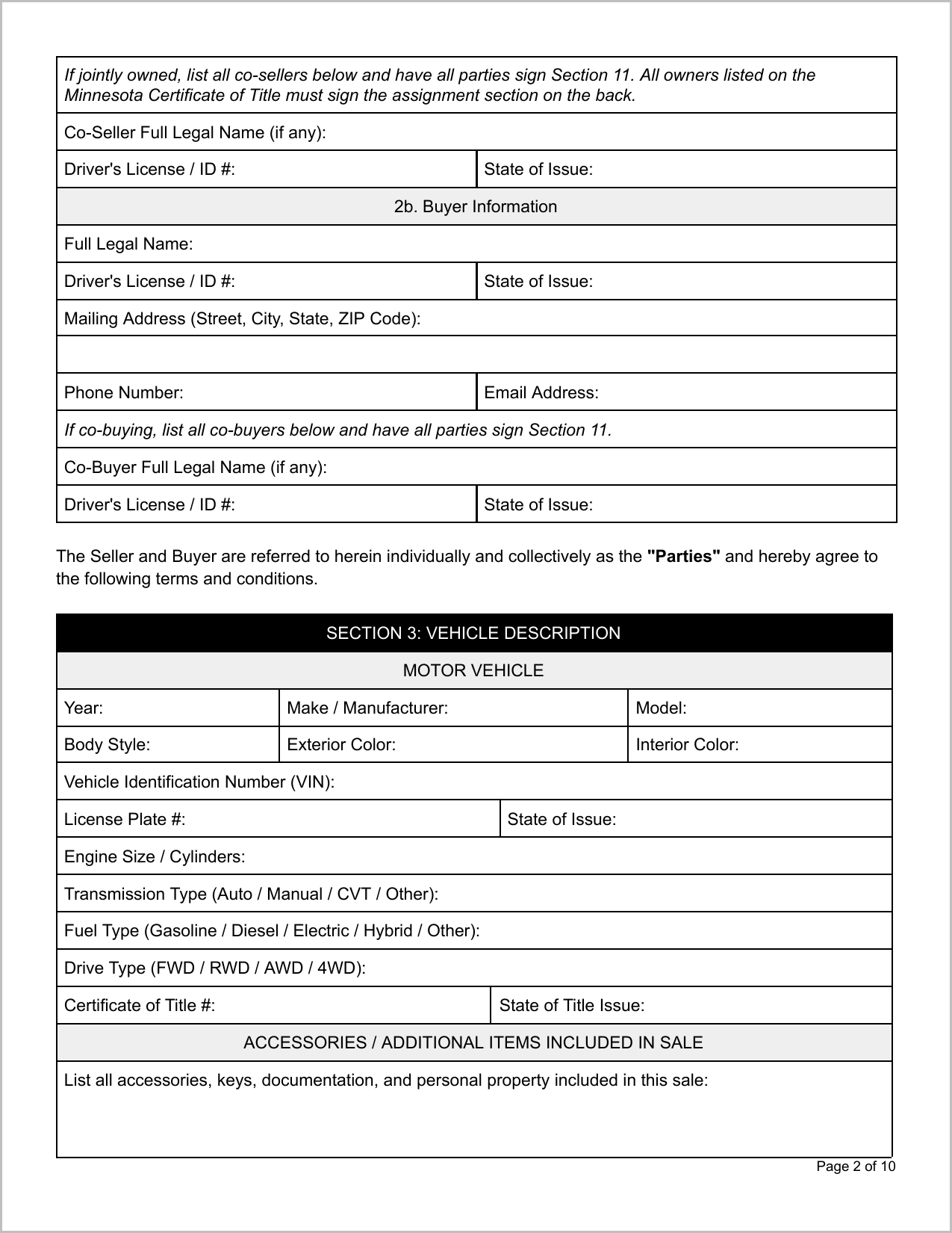 Free Minnesota Motor Vehicle Bill of Sale Template Page 2